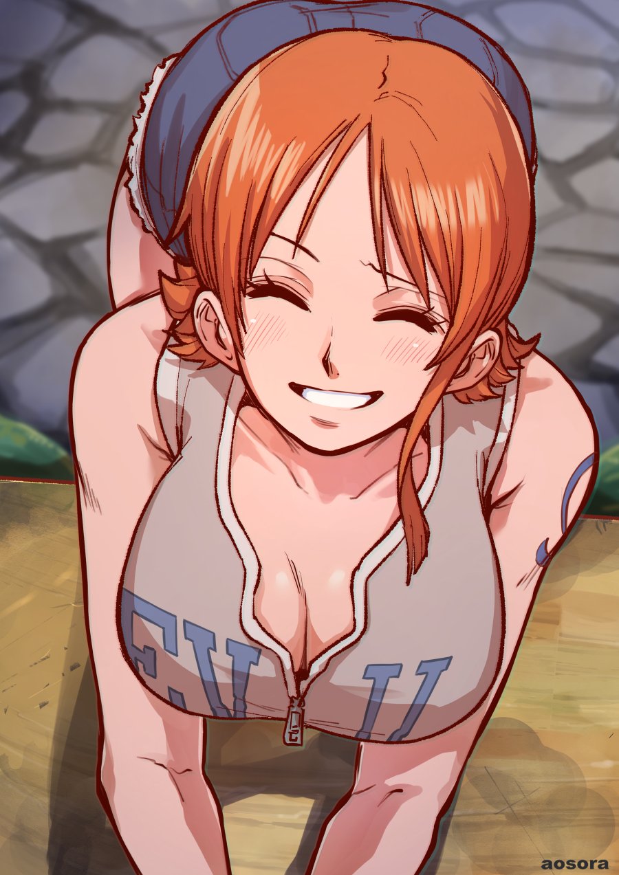 1girls aosora blush denim denim_shorts female female_only large_breasts light-skinned_female light_skin nami nami_(classic) one_piece orange_hair pre-timeskip short_hair short_shorts shorts smile smiling smiling_at_viewer solo tagme