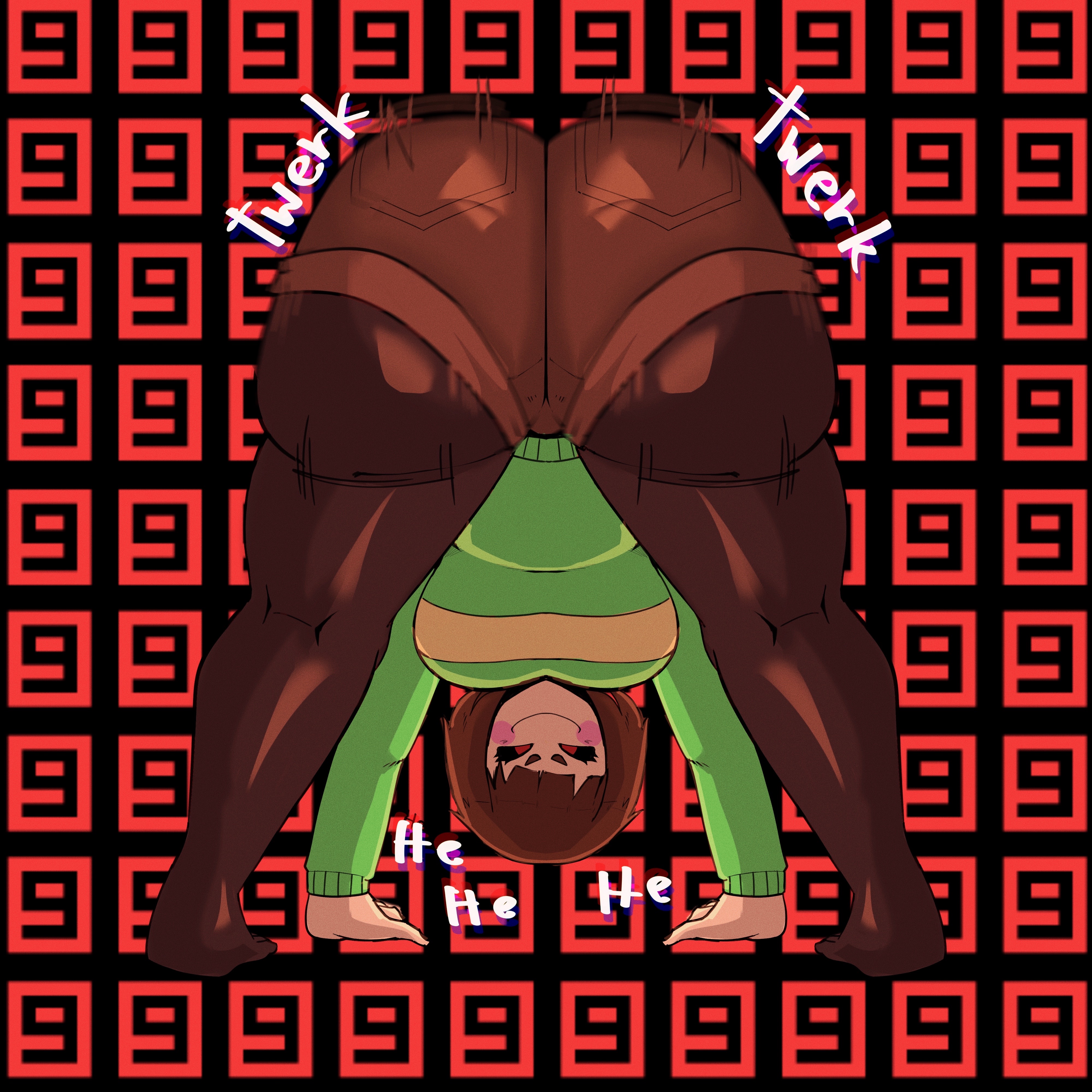 1girls, 2d, ass, bent over, big ass, black sclera, bouncing ass, brown hair, bubble ass, bubble butt, chara, clothing, fat ass, female, female chara, female only, huge ass, human, human female, human only, large ass, leggings, legwear, looking at viewer, motion lines, nitrowolf (artist), red eyes, shorts, smile, smug, solo, sweater, thick ass, thick thighs, twerking, undertale, undertale (series), wide hips