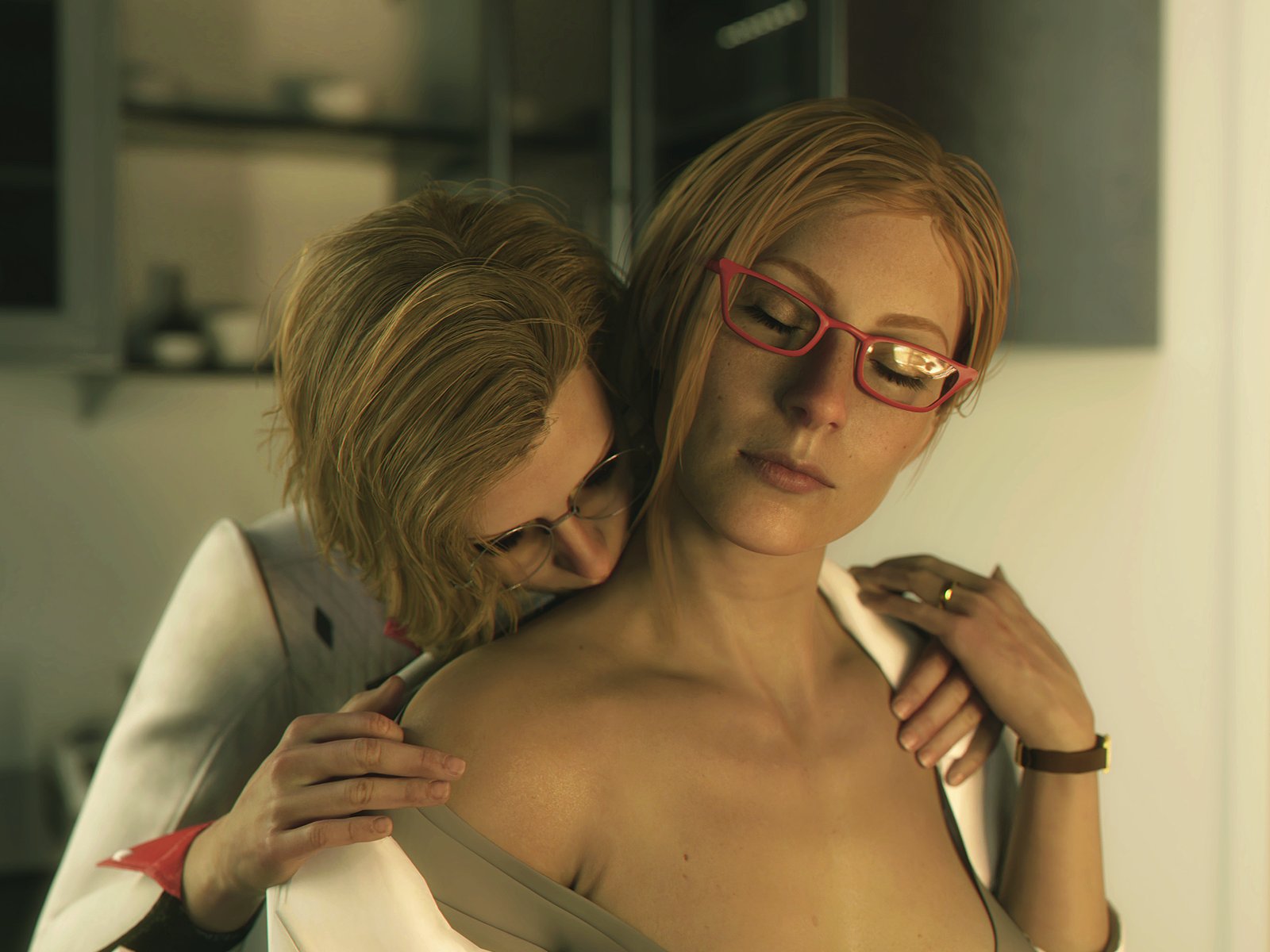 2girls, 3d, annette birkin, batman (series), big breasts, breasts, bust, busty, capcom, chest, crossover, curvaceous, curvy, curvy figure, dc, dc comics, dr. harleen quinzel, dr. q, exposed shoulders, female, female focus, gotham knights, harleen quinzel, hips, hourglass figure, huge breasts, human, kissing, kissing neck, labcoat, large breasts, legs, light skin, light-skinned female, lips, mature, mature female, neck kiss, resident evil, resident evil 2, resident evil 2 remake, slim waist, thick, thick legs, thick thighs, thighs, voluptuous, waist, wide hips, word2, yuri