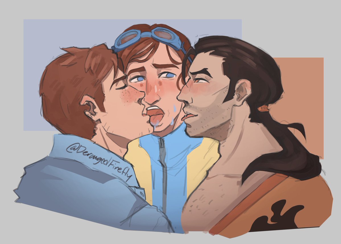 3boys, d3rangedfirefly, dispatch (game), face closeup, flambae, gay, kissing, male, male only, masculine, no visible genitalia, robert robertson, sloppy kiss, triple kiss, waterboy (dispatch)