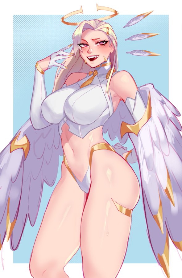 1girls abs bra breasts gloves halo long_hair pink_eyes qt0ri side_view solo_female thick_thighs white_hair wings