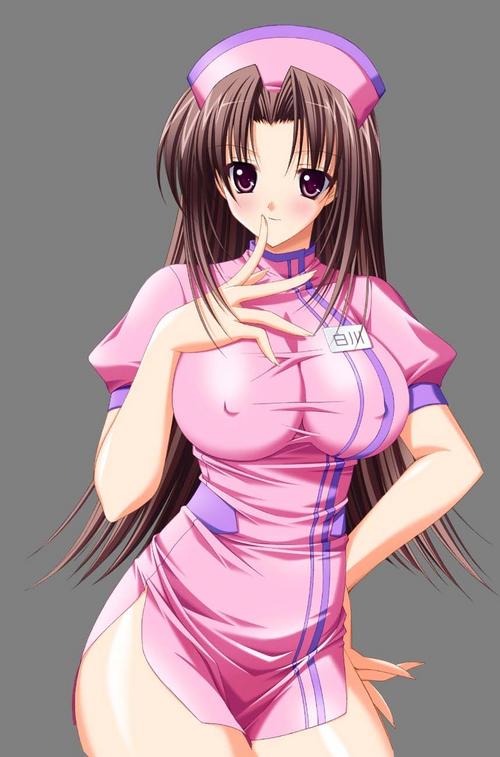 1girls atelier_kaguya breasts brown_hair choco_chip dress game_cg hand_on_hip large_breasts long_hair looking_at_viewer name_tag nipples_visible_through_clothing nurse nurse_cap nurse_ni_omakase nurse_uniform pink_dress pink_eyes shirakawa_ryouko short_dress