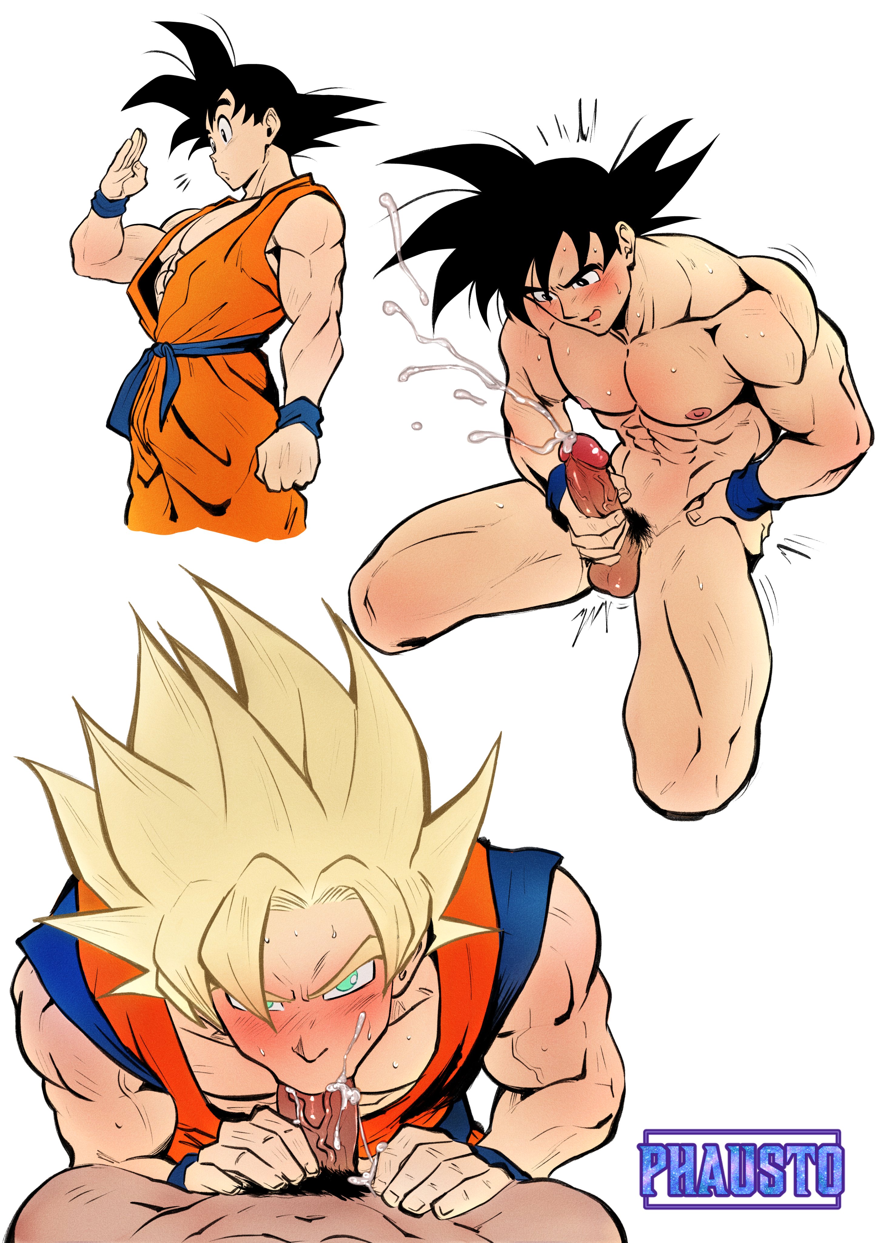 anime, blonde hair, blowjob, brown hair, cum, cumshot, dragon ball, dragon ball (classic), dragon ball fighterz, dragon ball gt, dragon ball heroes, dragon ball super, dragon ball super super hero, dragon ball xenoverse, dragon ball z, gay, gay blowjob, jerking, jerkingoff, male, male only, masturbation, muscles, muscular, muscular anthro, muscular arms, muscular legs, muscular male, muscular thighs, oral, oral sex, orgasm, penis, phausto, son goku, super saiyan, yaoi