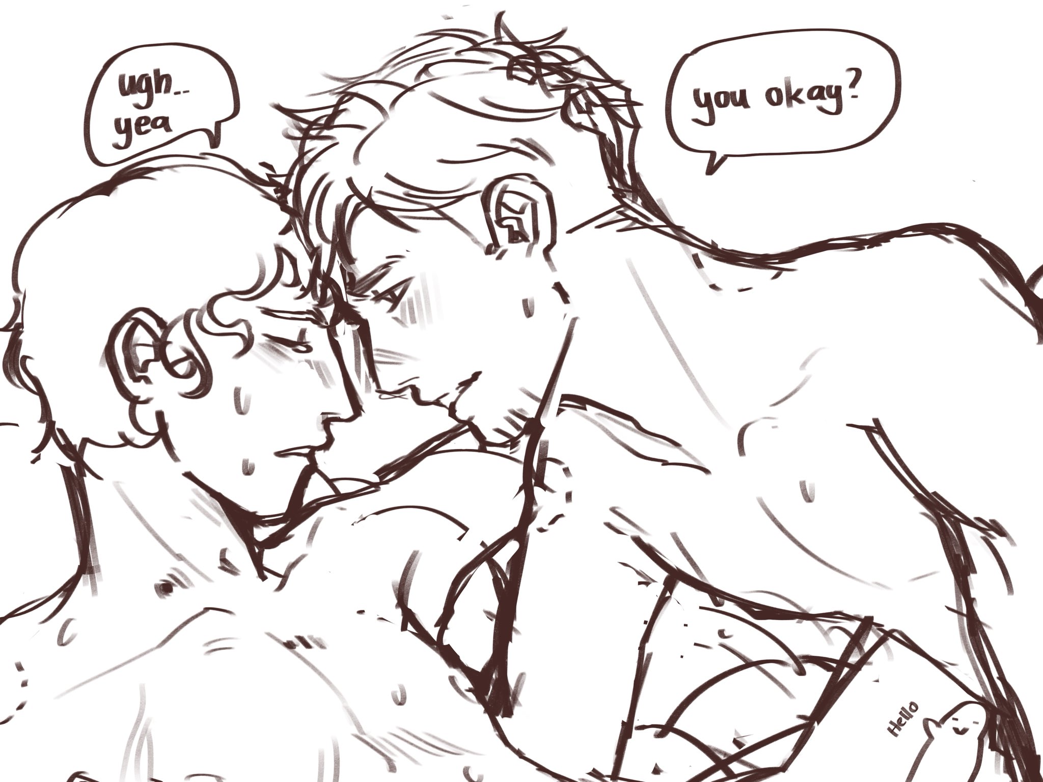 2boys, bambamjiii, bite mark, bite marks, blush, dialogue, dispatch (game), gay, male, male focus, male only, male/male, robert robertson, sketch, sweat, waterboy (dispatch), yaoi