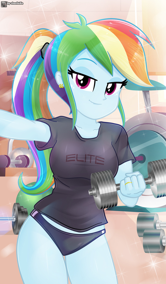 charliexe equestria_girls my_little_pony panties ponytail purple_eyes rainbow_dash_(mlp) rainbow_hair workout