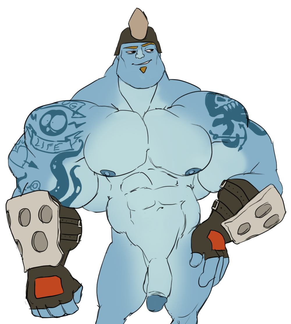 abs armor big_pecs blue_skin clothing disney face_forward fingerless_gloves flaccid gloves helmet kord_zane male male_only muscular nipples nude pecs penis remert sarah-borrows slugterra solo standing tattoo troll