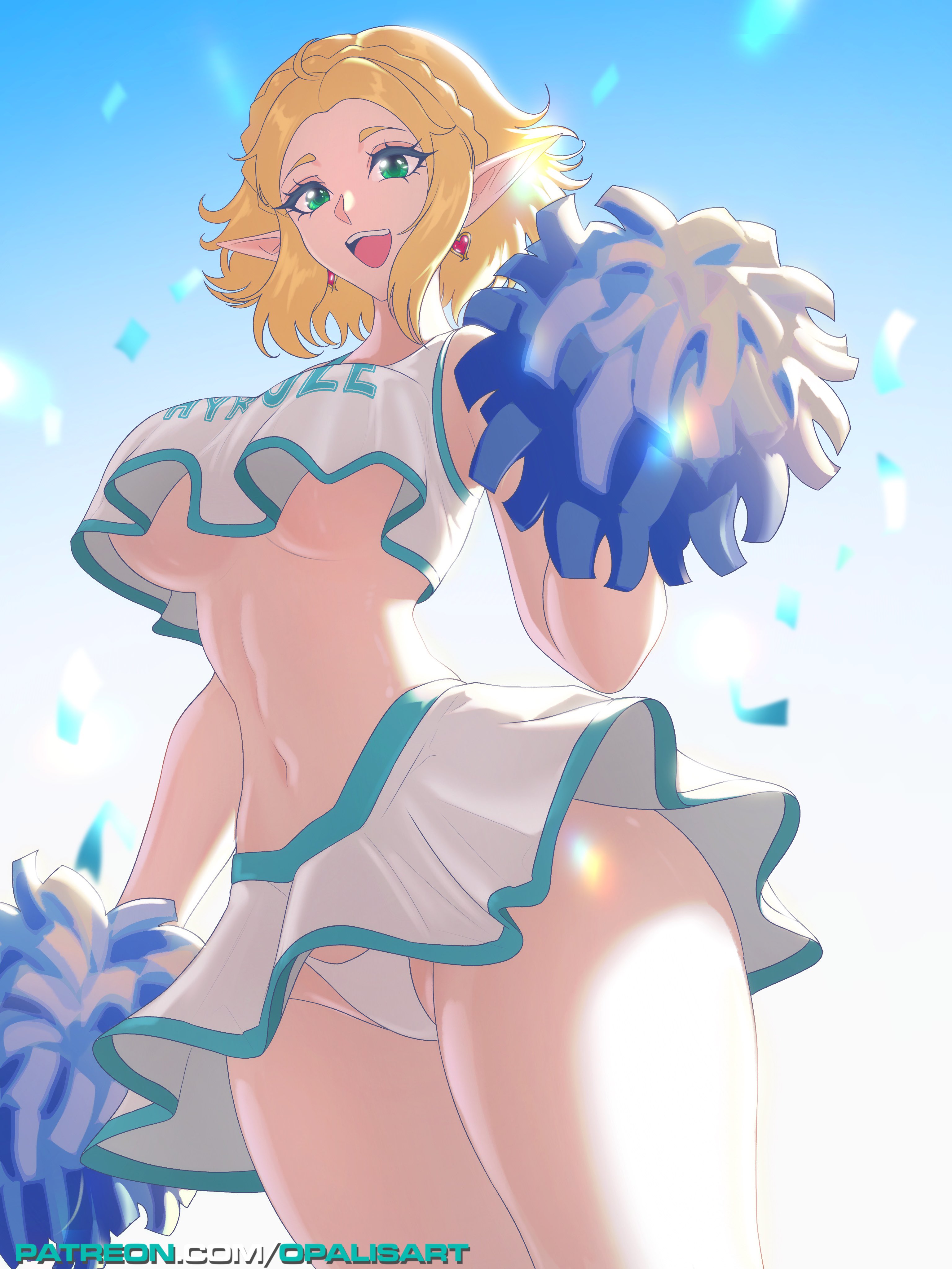1girls, bare arms, bare legs, bare midriff, bare shoulders, bare thighs, big breasts, bimbo, blonde hair, breasts, cheerful, cheerleader, cheerleader outfit, cheerleader uniform, clothed, clothing, color, elf ears, elf female, female, female focus, female only, green eyes, happy, hi res, large breasts, light skin, light-skinned female, looking at viewer, midriff, midriff baring shirt, miniskirt, nintendo, opalisart, open mouth, panties, panties visible under skirt, pantyshot, pantyshot (standing), pointy ears, pompoms, princess zelda, revealing clothes, short hair, skimpy clothes, skirt, solo, solo female, tagme, tears of the kingdom, the legend of zelda, thick thighs, underboob, uniform, zelda (tears of the kingdom)