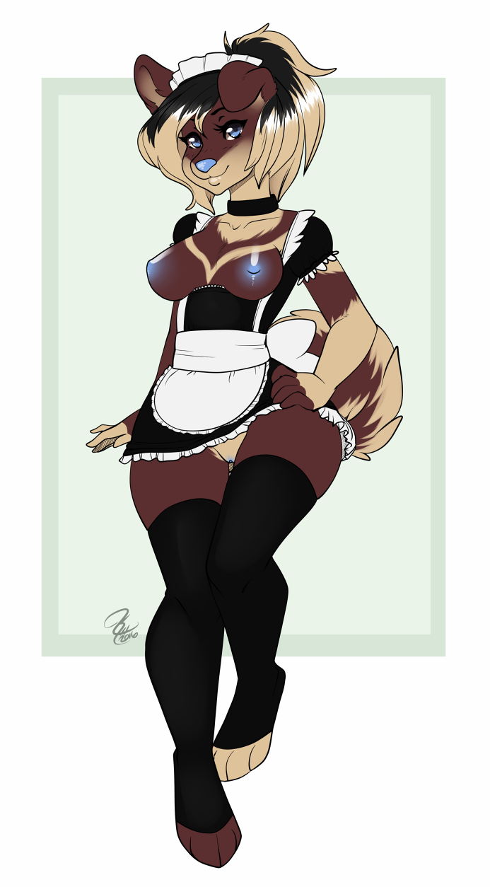 anthro breasts canine clothing female hiddenwolf looking_at_viewer maid_uniform mammal nipples pussy smile solo uniform wide_hips