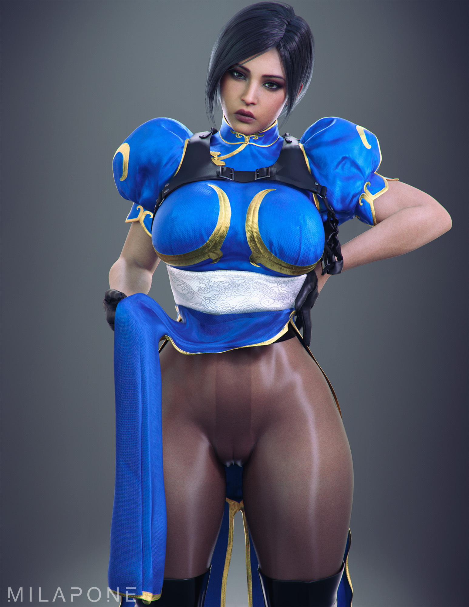 3d, ada wong, ada wong (adriana), asian, asian female, breasts, cameltoe, capcom, chun-li (cosplay), cosplay, crossover cosplay, dress, dress lift, female, huge breasts, milapone, pussy, resident evil, resident evil 2, resident evil 2 remake, resident evil 4, resident evil 4 remake, street fighter, thick thighs, wide hips