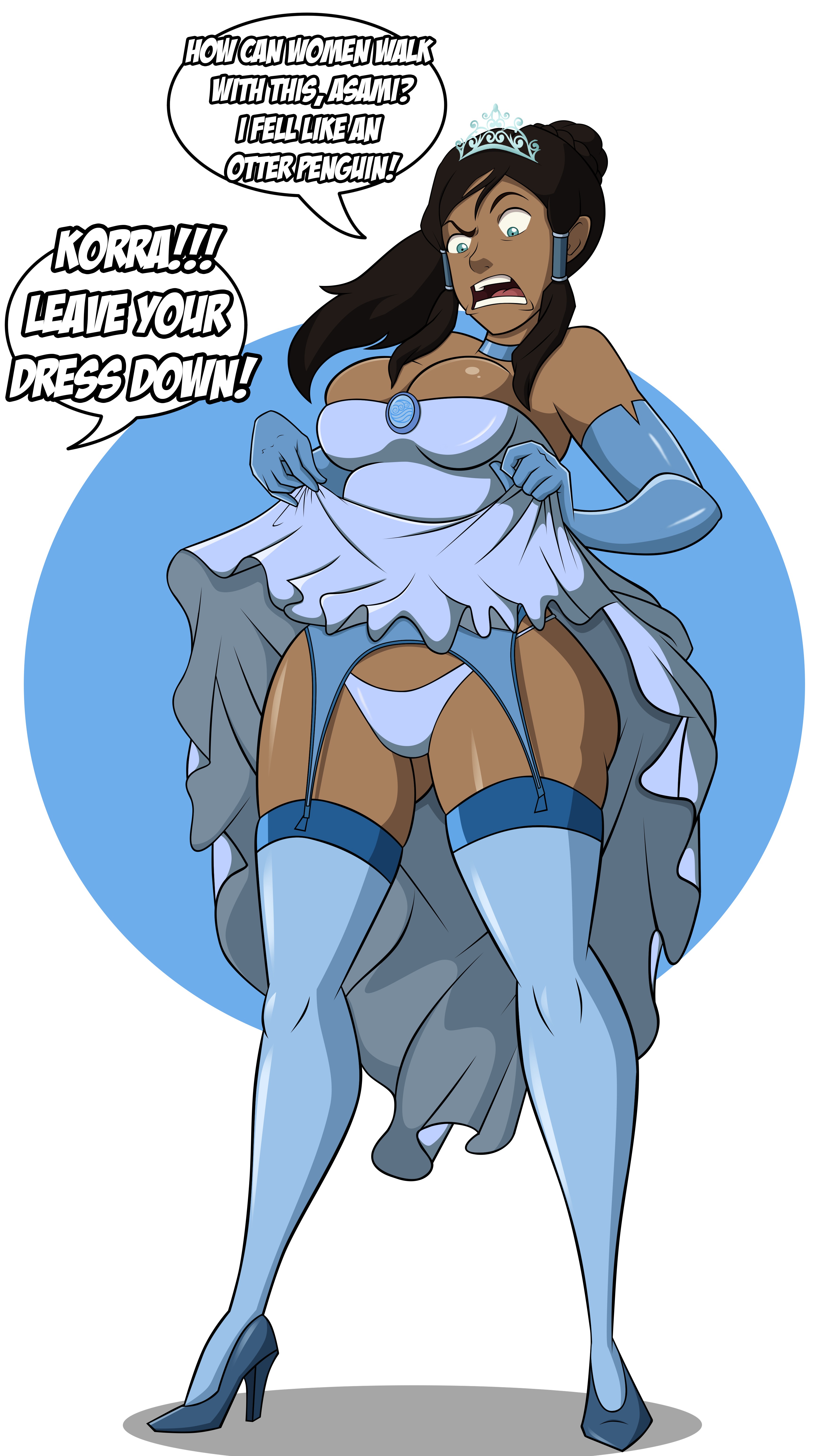 1girls, 2016, 5 fingers, aqua eyes, avatar legends, bare shoulders, big breasts, blue eyes, blue legwear, breasts, brown hair, cleavage, clothing, dark skin, dark-skinned female, dress, dress lift, elbow gloves, english text, eyebrows, female, female only, garter belt, gloves, grimphantom, hands, heels, high heels, highres, human, korra, large breasts, legwear, looking down, mad, medium breasts, open mouth, panties, ponytail, solo, speech bubble, standing, stockings, straight hair, teeth, text, the avatar, the legend of korra, tiara, tied hair, tongue, water tribe, white background