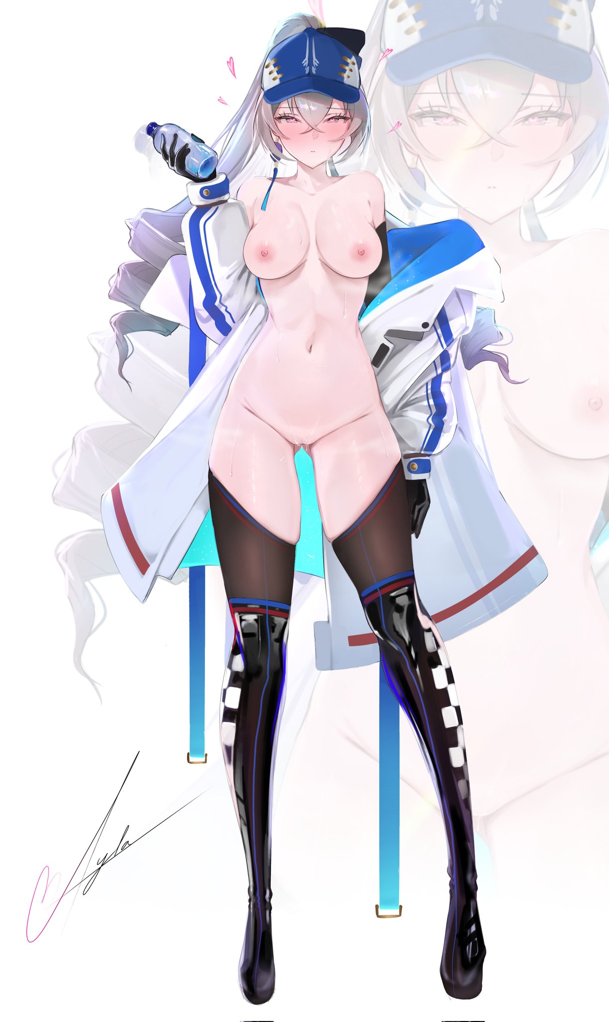 1girls areolae ass_visible_through_thighs baseball_cap blue_hat blush boots bottle breasts bronya_rand brown_legwear checkered_clothes checkered_legwear drill_hair earrings female female_only grey_eyes grey_hair hair_between_eyes hat heart-shaped_pupils honkai:_star_rail jacket jacket_partially_removed light-skinned_female light_skin long_hair looking_at_viewer medium_breasts navel nipples ponytail pussy pussy_juice revealing_clothes signature solo standing thighhighs thighs white_background white_jacket zoom_layer айла_(liv__eclipse)