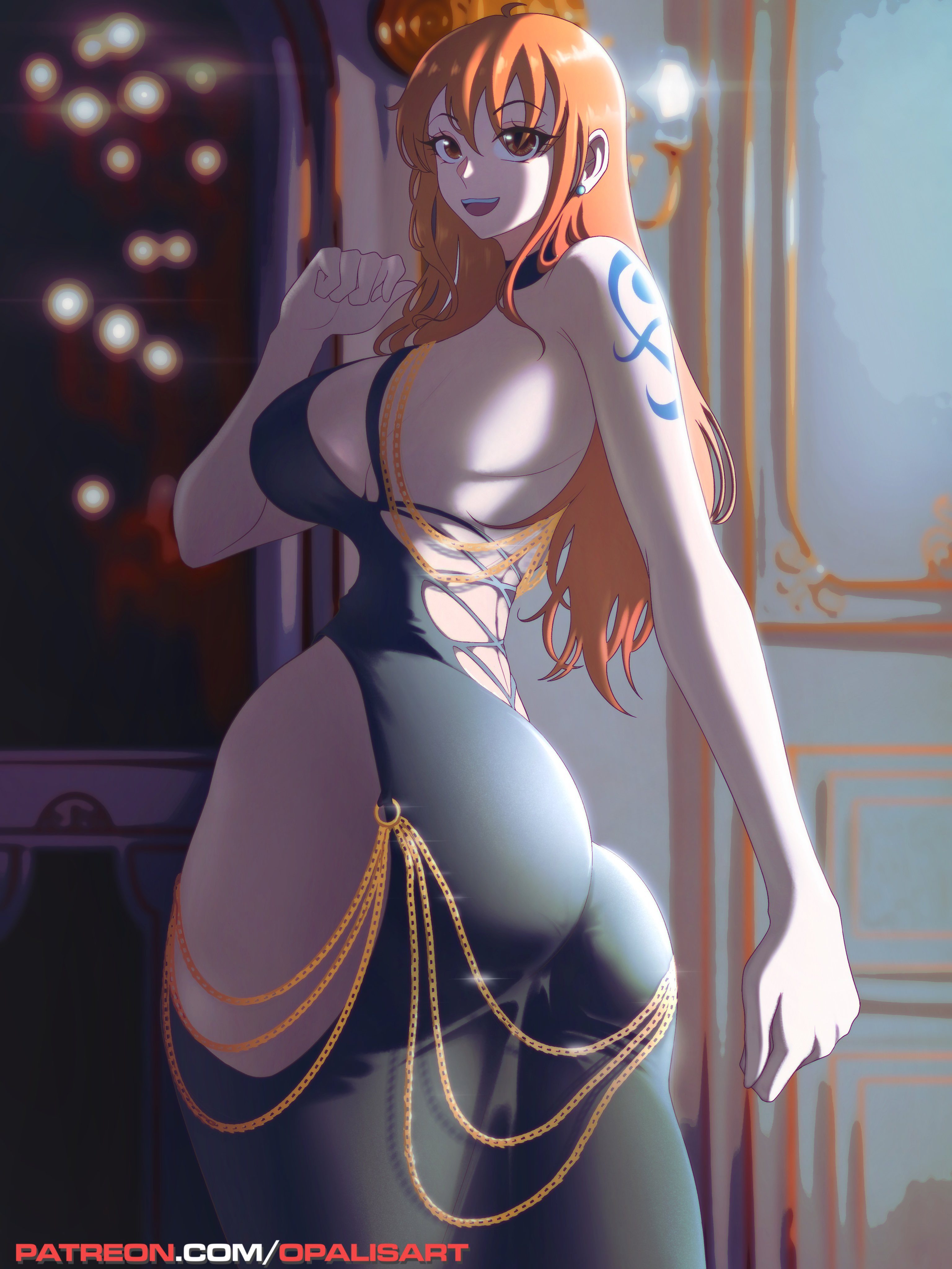 1girls, arm tattoo, ass, ass focus, back, back view, bare shoulders, bare thighs, big ass, big breasts, big butt, blue tattoo, blush, breasts, clothed, clothing, color, dress, female, female focus, female only, hi res, large breasts, light skin, light-skinned female, long hair, looking at viewer, modakawa dress, nami (one piece), no nostrils, one piece, opalisart, orange eyes, orange hair, orange-haired female, post-timeskip, shounen jump, small nose, solo, solo female, tagme, tattoo, thick thighs, thin eyebrows