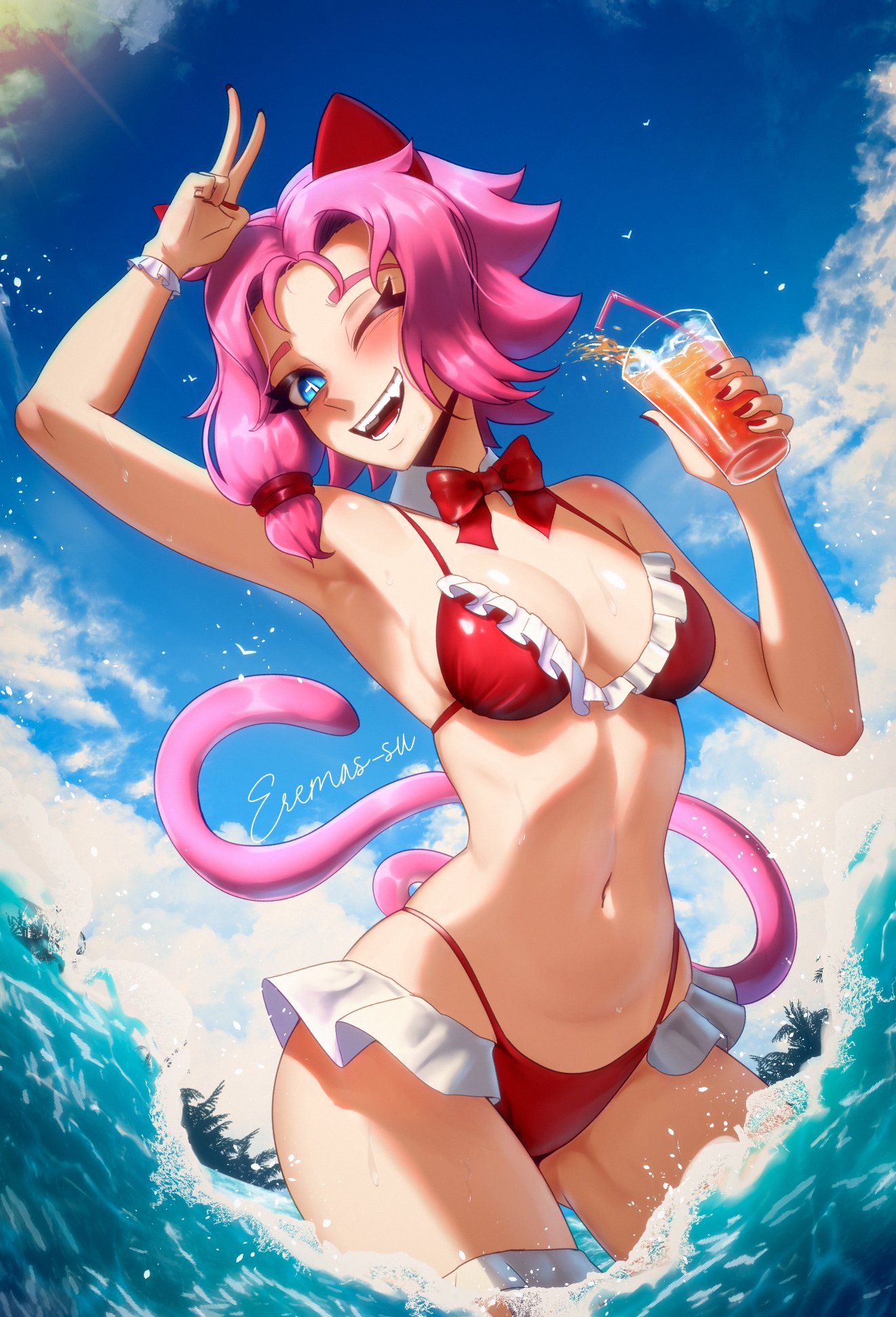 1girls animal_ears animal_tail bikini bikini_bottom bikini_top blue_eyes breasts cat_ears cat_tail clothed clothed_female clothing eremassu female female_only hi-rez_studios kemonomimi light-skinned_female light_skin maeve_(paladins) medium_breasts nekomimi one_eye_closed paladins solo solo_female tail v v_sign water wet