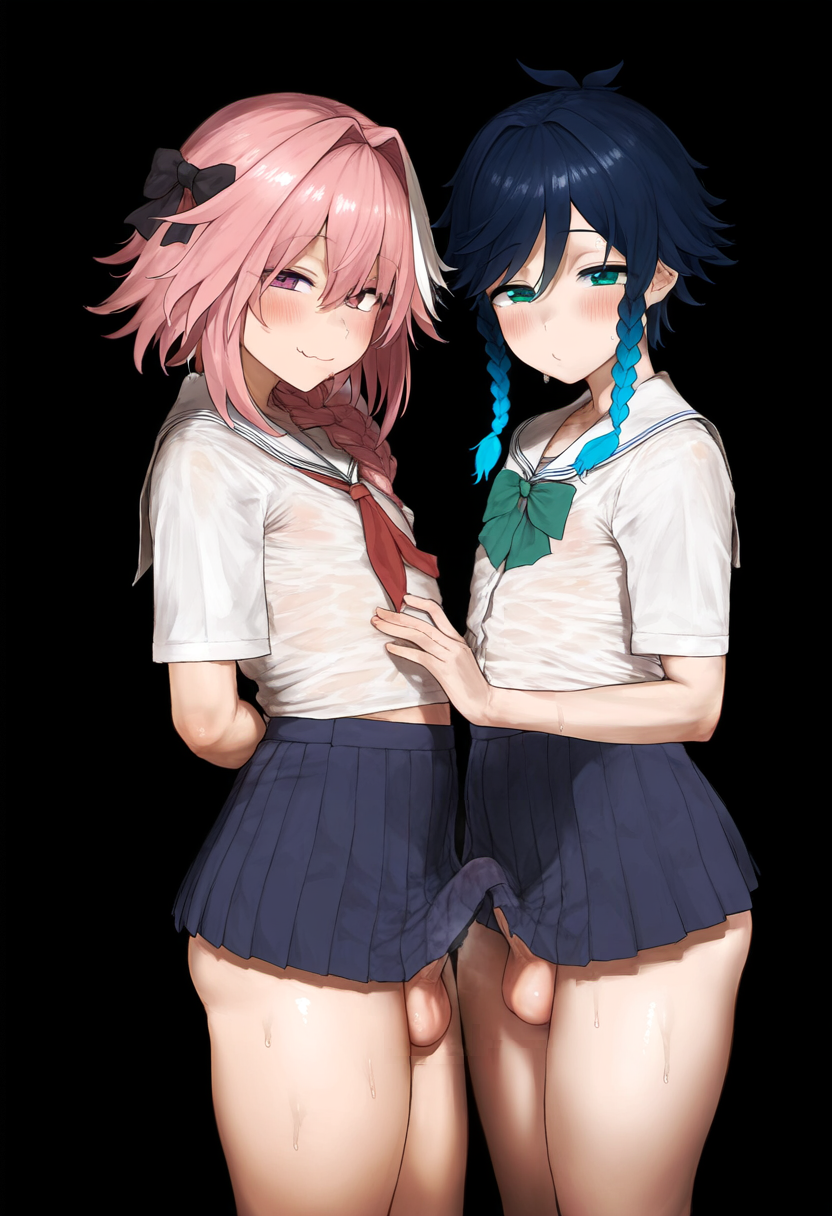 2boys ai_generated astolfo_(fate) balls balls_out blue_hair blush braid bulge crossdressing erection fate/grand_order fate_(series) femboy feminine_male genshin_impact looking_at_viewer male naughty_face no_panties penis penis_out penis_under_clothes penises_touching pink_hair school_uniform sissy skirt smile testicles trap twink venti_(genshin_impact)