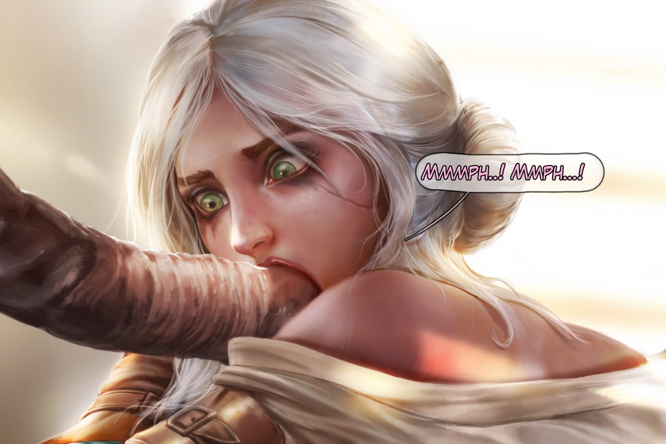 1girls, 3:2, animal, animal genitalia, animal penis, anthro, bestiality, brown gloves, cd projekt red, ciri, english text, equine, equine penis, fellatio, female, firolian, gloves, hair bun, hooves, horse, horse penis, horsecock, interspecies, long hair, male, mammal, oral, penis, pony, silver hair, text, the witcher (series), the witcher 3: wild hunt, tied hair, white hair, zoophilia