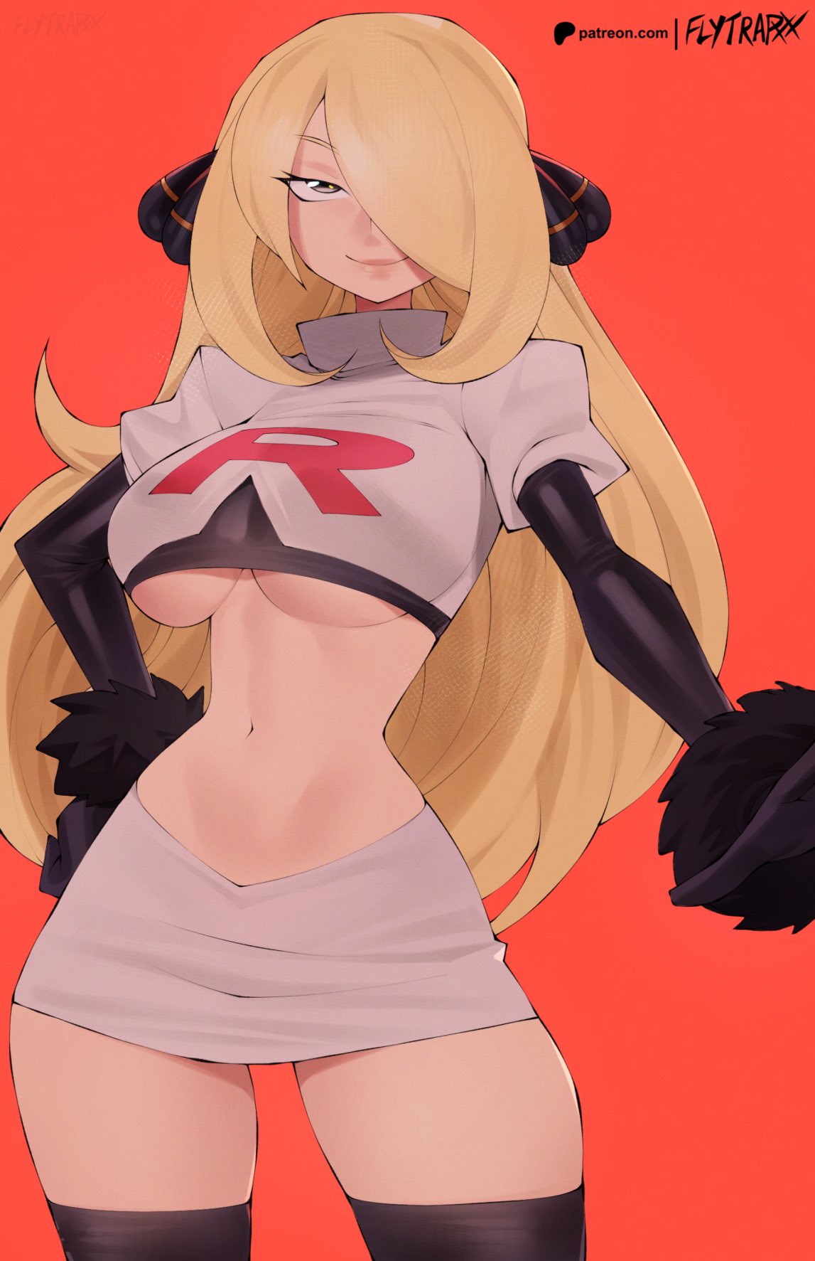 1girls artist_name bare_thighs big_breasts black_legwear black_thighhighs blonde_hair breasts clothed clothing color covered_eye crop_top cynthia_(pokemon) enemy_conversion female female_focus female_only flytrapxx game_freak hair_ornament hair_over_one_eye hi_res hourglass_figure jessie_(pokemon)_(cosplay) large_breasts latex latex_gloves light-skinned_female light_skin long_hair looking_at_viewer miniskirt navel nintendo patreon_logo pokemon pokemon_champion pokemon_dppt pokemon_trainer red_background revealing_clothes short_skirt skirt slim_waist slutty_outfit smile smiling smiling_at_viewer solo solo_female spread_legs team_rocket team_rocket_(cosplay) team_rocket_uniform thick thick_thighs thighhighs thighs thin_waist tight_clothing underboob very_long_hair white_skirt wide_hips yellow_eyes