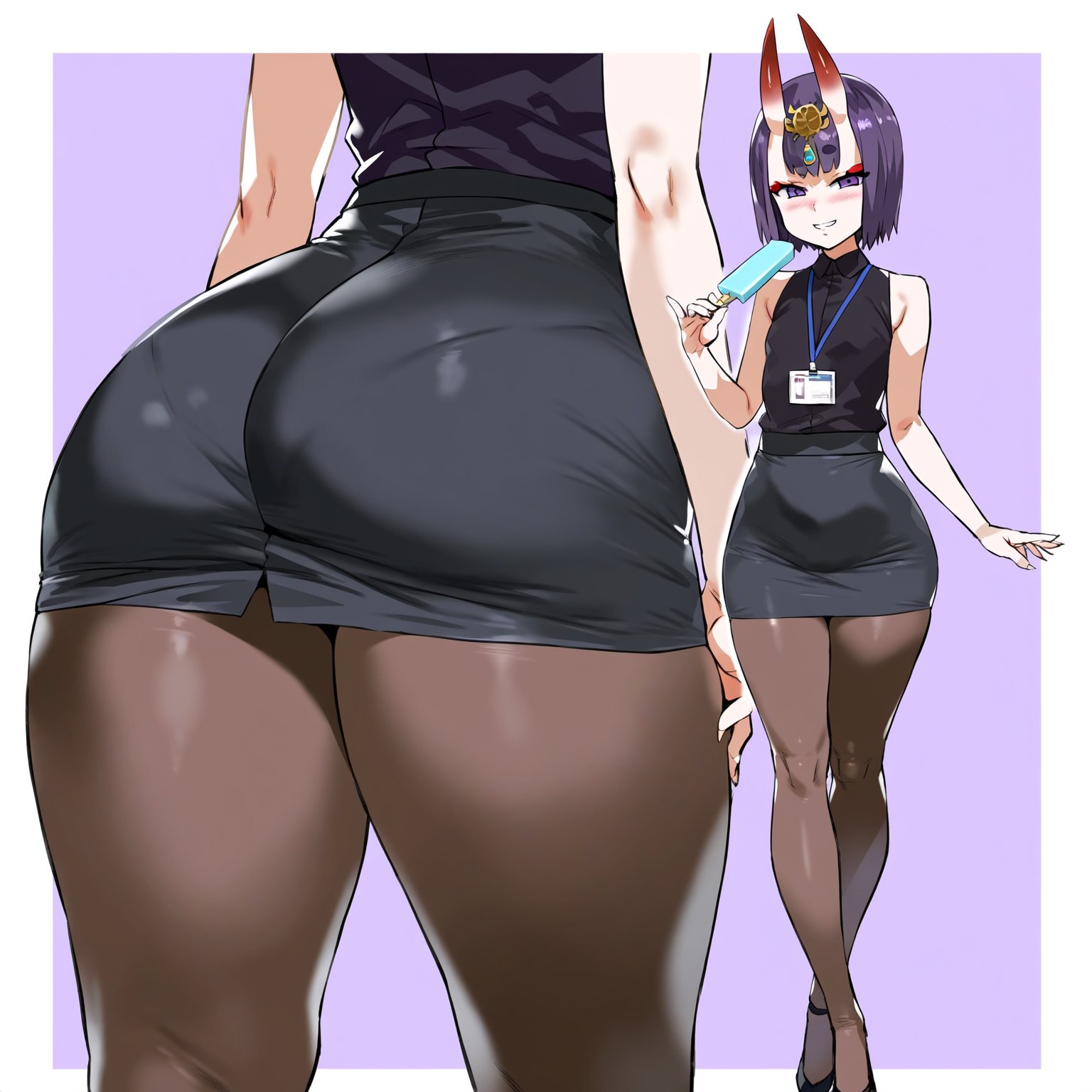 1girls, ai generated, ass, breasts, fate (series), female, food, full body, looking at viewer, naughty face, office lady, panties visible through clothing, pantyhose, pantylines, popsicle, short hair, shuten douji (fate), skirt, small breasts, solo, solo female, standing, tight clothing, yamatoai