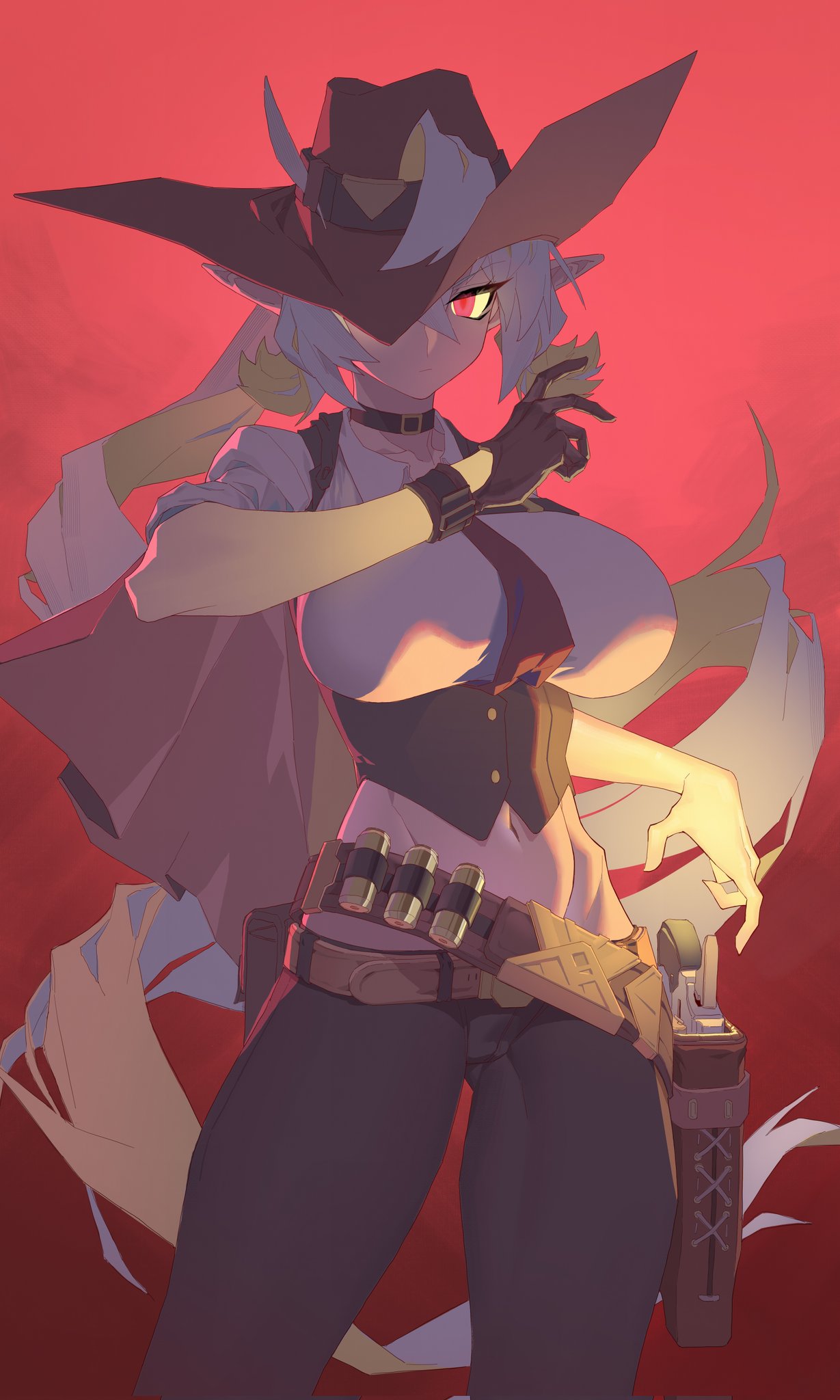 big_breasts bullet cowgirl_(western) cowgirl_outfit gloves glowing glowing_eyes gun high_noon looking_at_viewer reaching_for_weapon red_eyes shuibaow simple_background tie