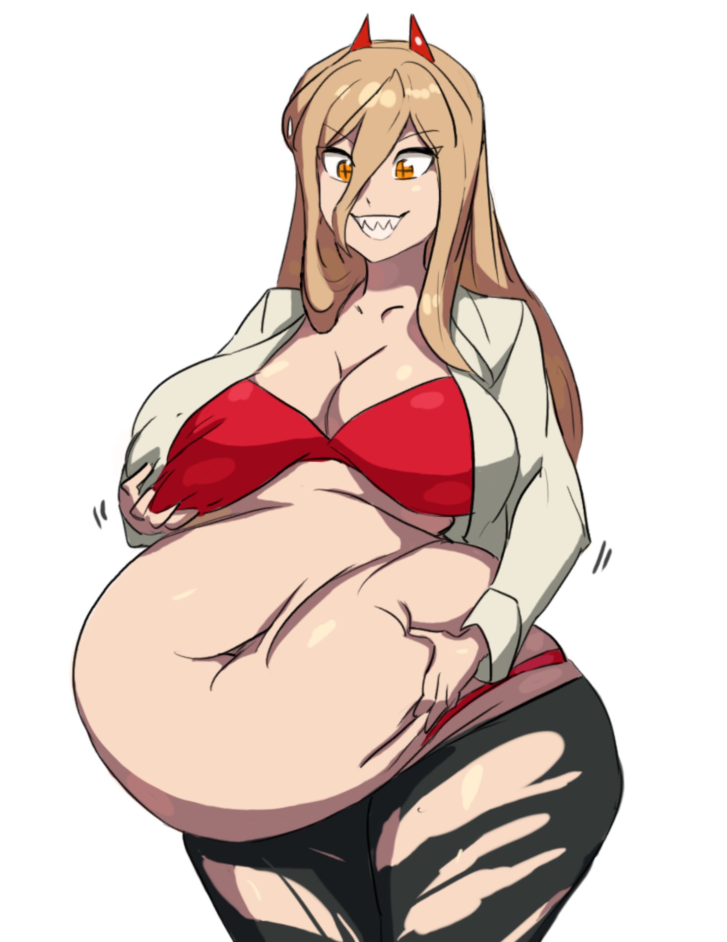 admiring self, alternate body size, alternate breast size, baqua, belly, belly focus, belly grab, belly overhang, belly play, belly rolls, big belly, big breasts, black pants, blonde hair, bra, breasts, chainsaw man, cleavage, collarbone, colored, deep skin, demon, demon girl, demon horns, devil, devil girl, devil horns, digital media (artwork), expansion, exposed belly, exposed breasts, exposed fat belly, exposed thighs, eyeliner, fat, fat belly, fat breasts, fat female, fat fetish, fat rolls, female, female humanoid, female only, grabbing, grabbing belly, grabbing own belly, grabbing own breast, groping, groping belly, groping breast, groping fat, groping own breast, hair between eyes, hand on belly, hand on breast, hand on own belly, hand on own breast, horns, huge belly, humanoid, implied expansion, implied weight gain, jiggle, light skin, light-skinned female, long hair, looking down, looking down at breasts, looking down at self, love handles, loving it, motion lines, navel, obese, obese female, orange eyes, overweight, overweight female, panty peek, panty straps, parted lips, partially clothed, power (chainsaw man), red bra, red horns, red panties, ripped clothing, ripped pants, sharp teeth, shirt, simple background, smile, solo, spillage, standing, straight hair, thick, thick thighs, torn clothes, torn legwear, torn pants, undone shirt, white background, white shirt
