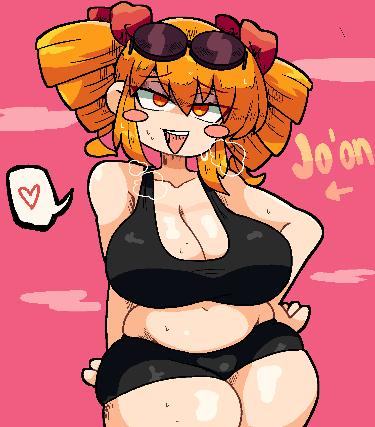 1girls big_belly big_breasts breasts cleavage clothed_female doodle drill_hair fat_thighs glasses_on_head goddess jo'on_yorigami light-skinned_female notnoe_(dxcl) open_mouth orange_eyes orange_hair pink_background request round_glasses shorts solo solo_female spoken_heart sports_bra sweat thick_thighs thighs touhou yorigami_jo'on