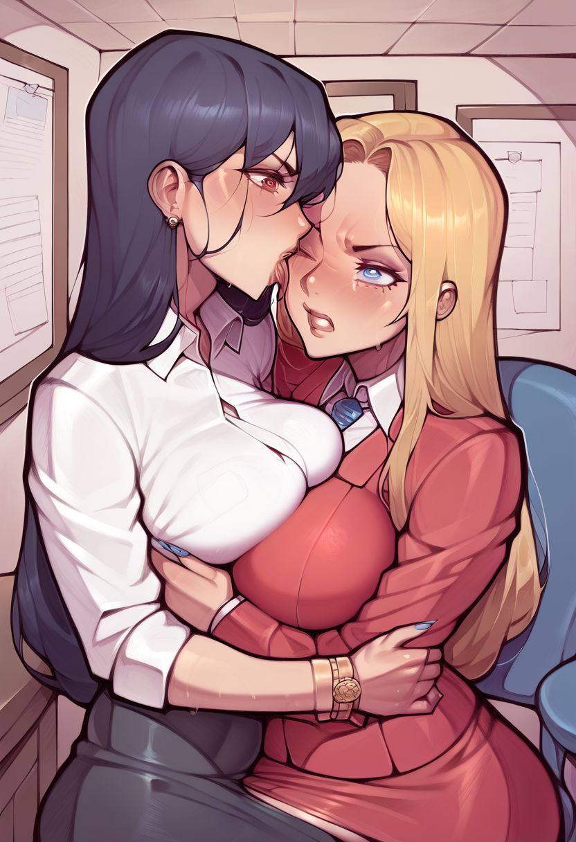 2girls ai_generated annoyed desgens face_lick face_licking hug large_breasts licking_another's_face licking_face office office_lady one_eye_closed yuri