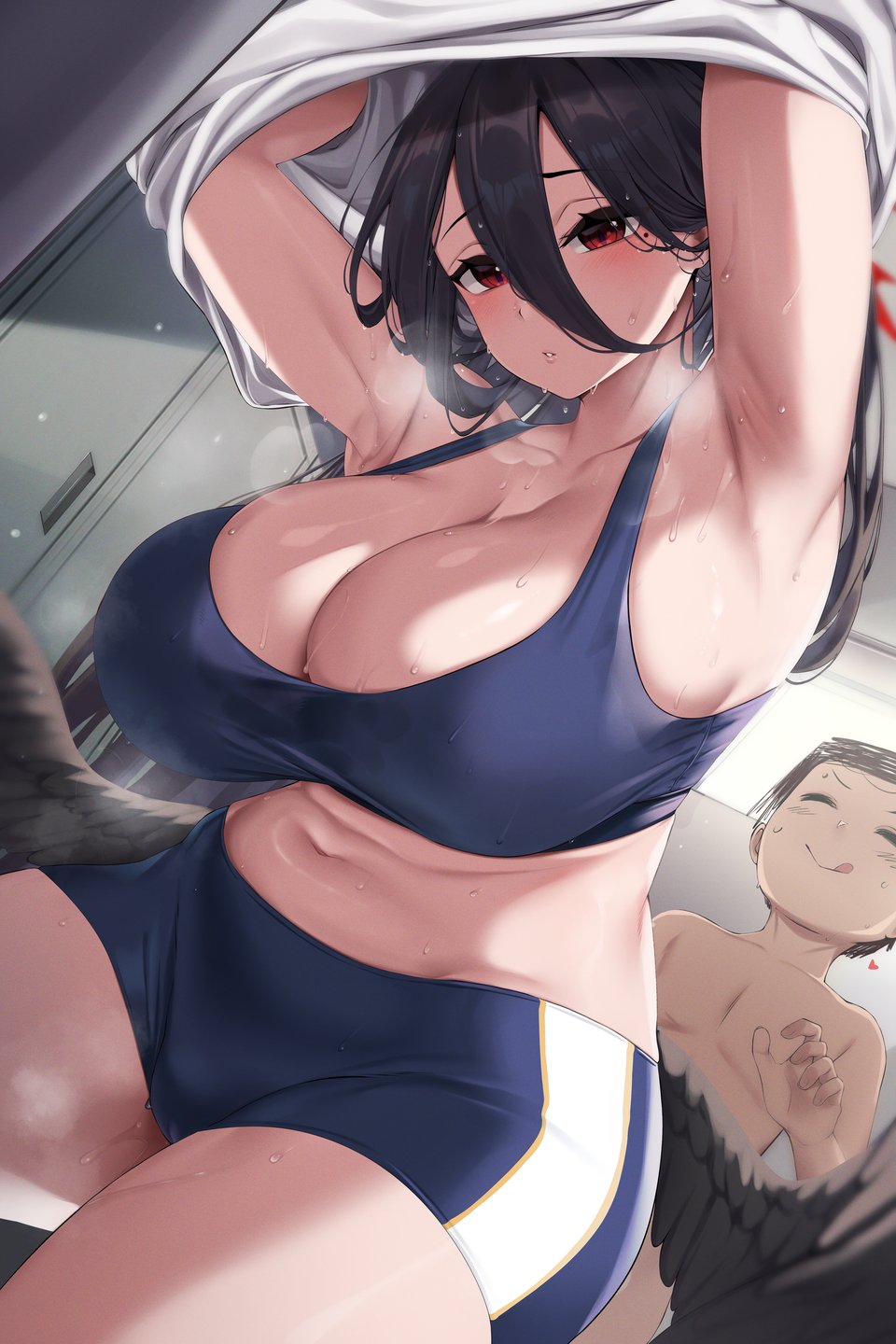 1boy, 1girls, armpit fetish, armpits, arms up, big breasts, black hair, black wings, blue archive, breasts, busty, cleavage, clothed female nude male, curvaceous, curvy, curvy body, curvy female, curvy figure, female, hasumi (blue archive), huge breasts, large breasts, male, moisture (chichi), mole, mole under eye, ponytail, red eyes, sensei (blue archive), sports bra, thick thighs, thighs, voluptuous, wings