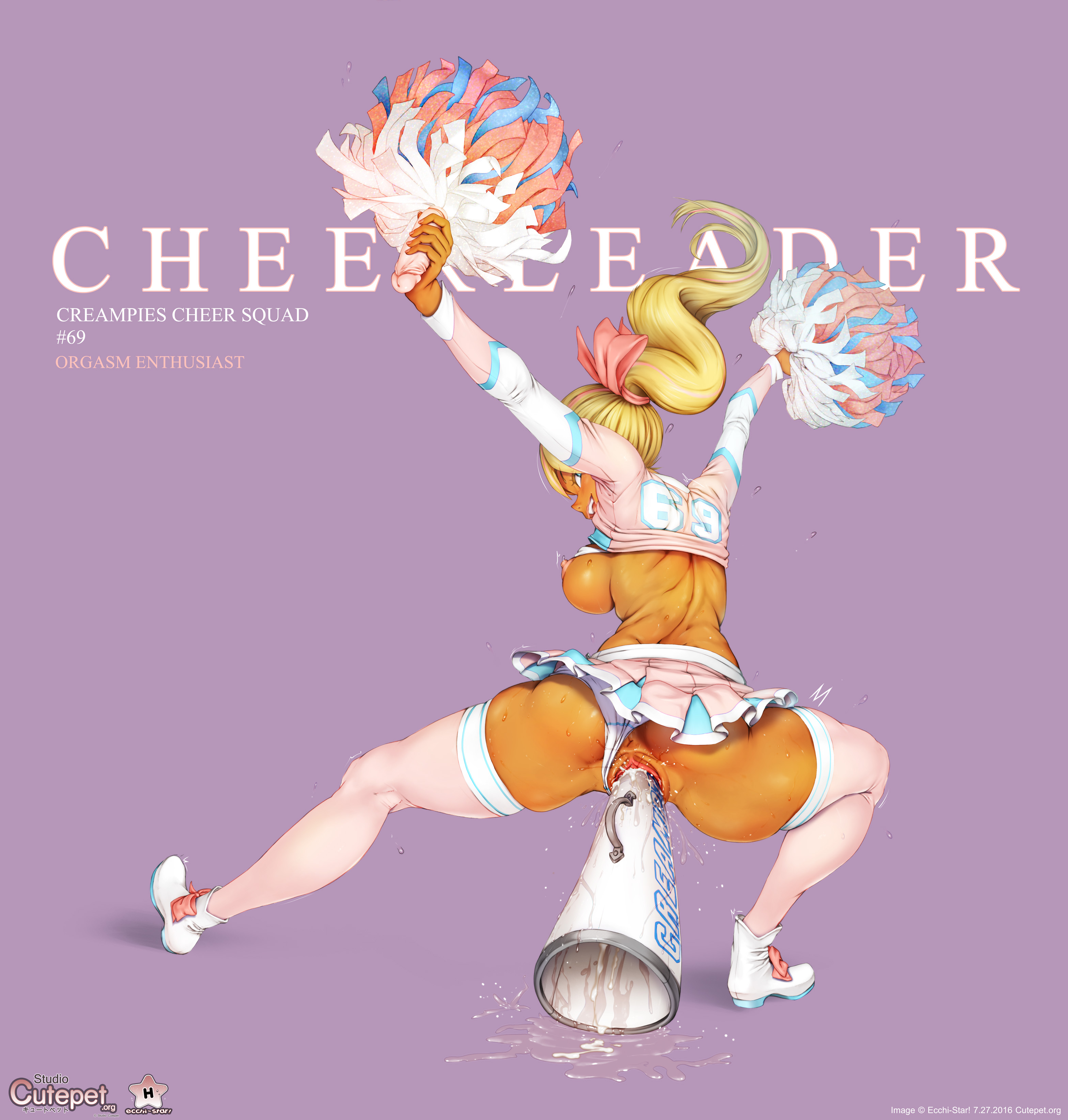 anus, ass, blonde hair, breasts, cheerleader, cutepet, dark skin, dark-skinned female, female, highres, panties, panties aside, pussy, sideboob, solo, vaginal insertion