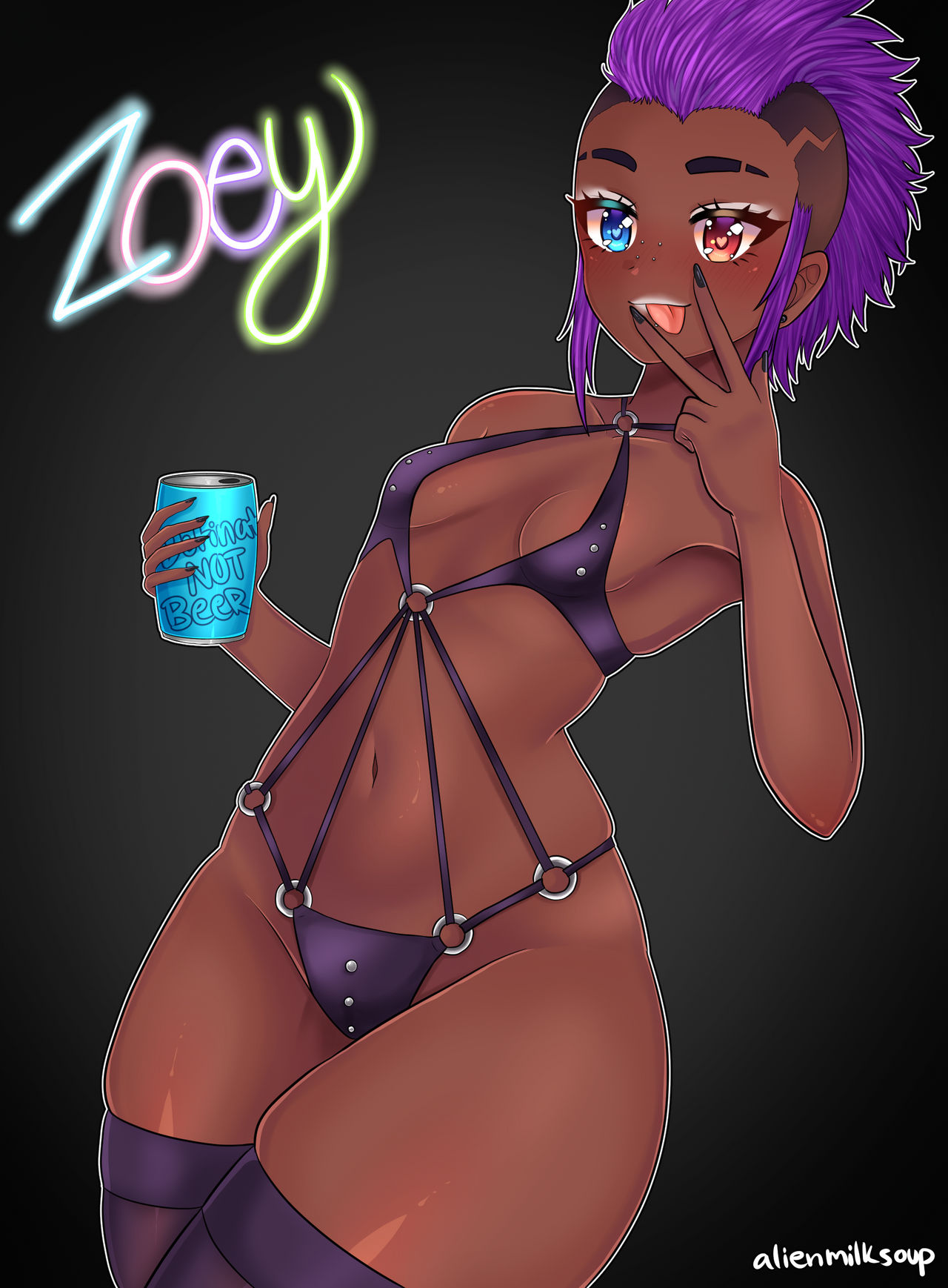 2d 2d_(artwork) dark-skinned_female dark_skin drawn huniepop multicolored_eyes peace_sign purple_hair zoey_greene