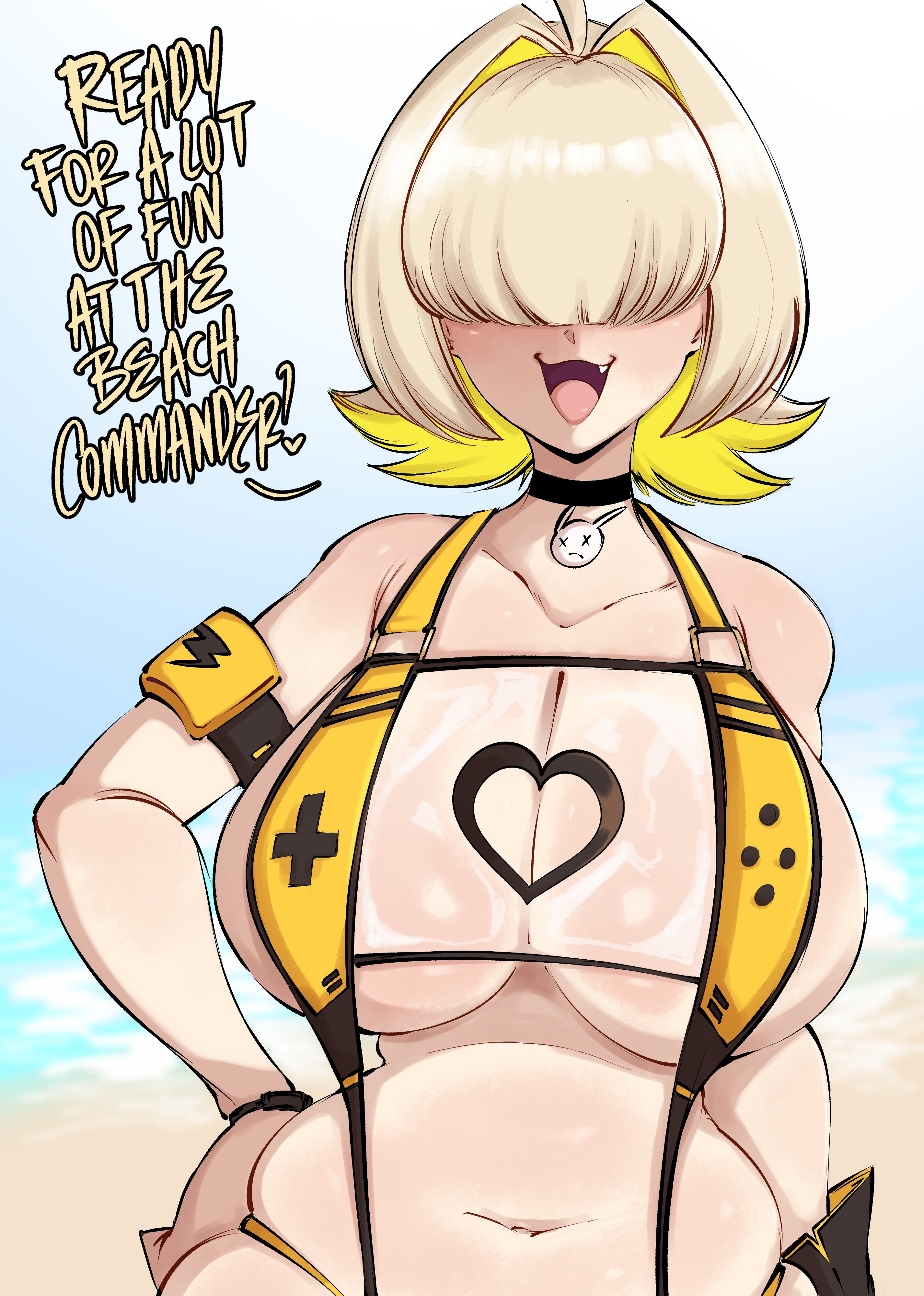 1girls, absurd res, big breasts, bikini, breasts, breasts bigger than head, chubby female, commander (nikke), covered eyes, curvy, curvy figure, cute, dialogue, elegg (boom and shock) (nikke), elegg (nikke), english text, fang, female, female focus, goddess of victory: nikke, hair between eyes, hair over eyes, open mouth, saltyxodium, skimpy, skimpy bikini, smiling, talking to viewer, text