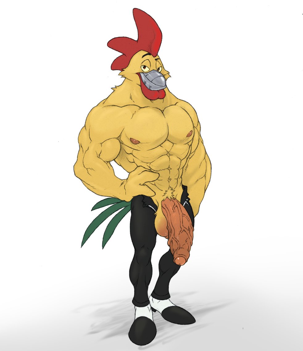 2021 abs anthro avian balls bird bottomwear chicken clothed clothing darkwing_duck disney ducktales flaccid footwear foreskin galliform gallus_(genus) genitals humanoid_genitalia humanoid_penis looking_at_viewer male male_only muscular muscular_anthro muscular_male nipples open_bottomwear open_clothing open_pants pants pecs penis phasianid pubes shoes solo steelbeak topless utx-shapeshifter vein veiny_penis white_background