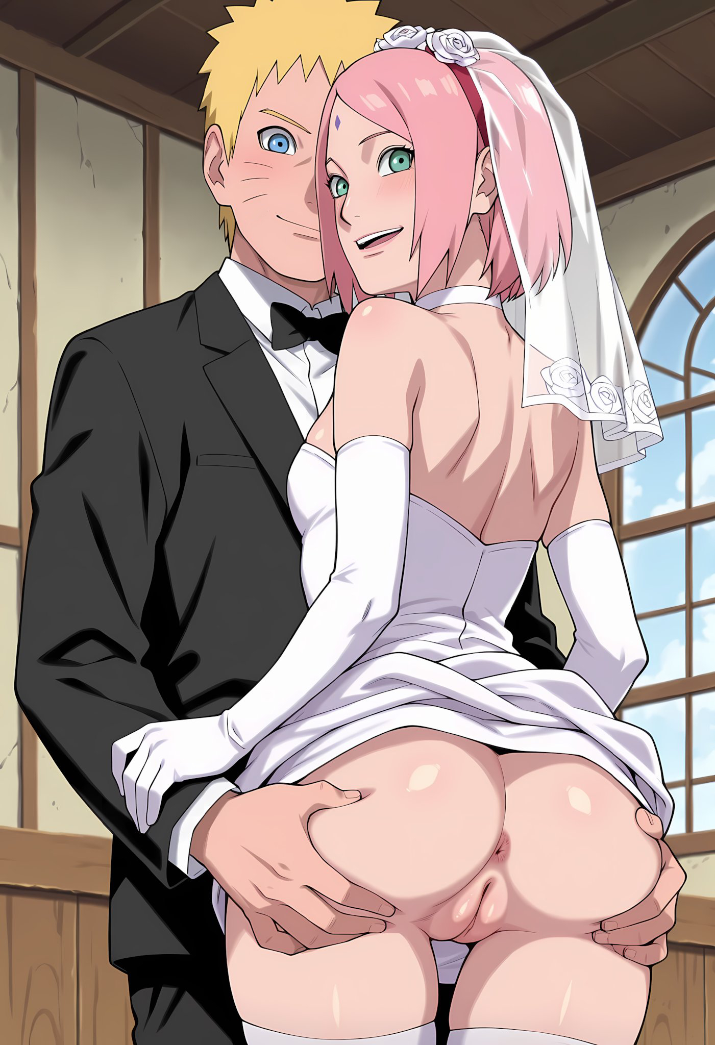 1boy, 1girls, ai generated, arm gloves, ass, ass focus, ass grab, bare shoulders, before sex, big ass, big breasts, blue eyes, boruto: naruto next generations, bowtie, breasts, bride, busty, cheating, cheating husband, cheating on wedding day, cheating wife, choker, church, cleavage, curvaceous, curvy, curvy female, curvy figure, dress lift, earrings, female, from behind, garter belt, garter straps, gloves, green eyes, grin, groping ass, highres, imminent sex, indoors, lifted by self, light skin, light-skinned female, lingerie, lipstick, looking at viewer, looking back, makeup, male, mature, mature female, milf, narugirlshot, naruto, naruto (series), no bra, petite, pink hair, pink lips, presenting ass, rear view, revealing clothes, sakura haruno, short hair, single hair bun, skimpy, skimpy clothes, smile, stockings, suit and tie, swept bangs, thighs, twin buns, uncensored, uzumaki naruto, wedding, wedding dress, wedding lingerie, wedding veil, white dress, white lingerie, white skin, yellow hair