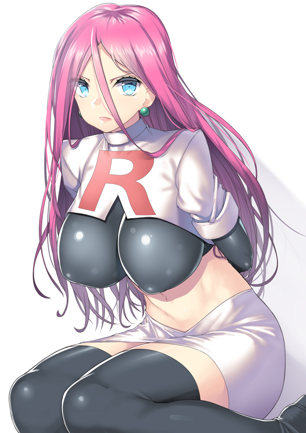 1girls, alternate breast size, alternate hairstyle, arms behind back, bdsm, big breasts, blue eyes, boots, breasts, clothed, earrings, eyelashes, female, female only, gloves, hair down, high heel boots, human, human only, jessie (pokemon), kneeling, large breasts, lipstick, long hair, looking at viewer, midriff, miniskirt, nagase haruhito, navel, nintendo, nipple bulge, pink hair, pokemon, pokies, shirt, skirt, solo, team rocket, thigh boots, thighhighs, white background