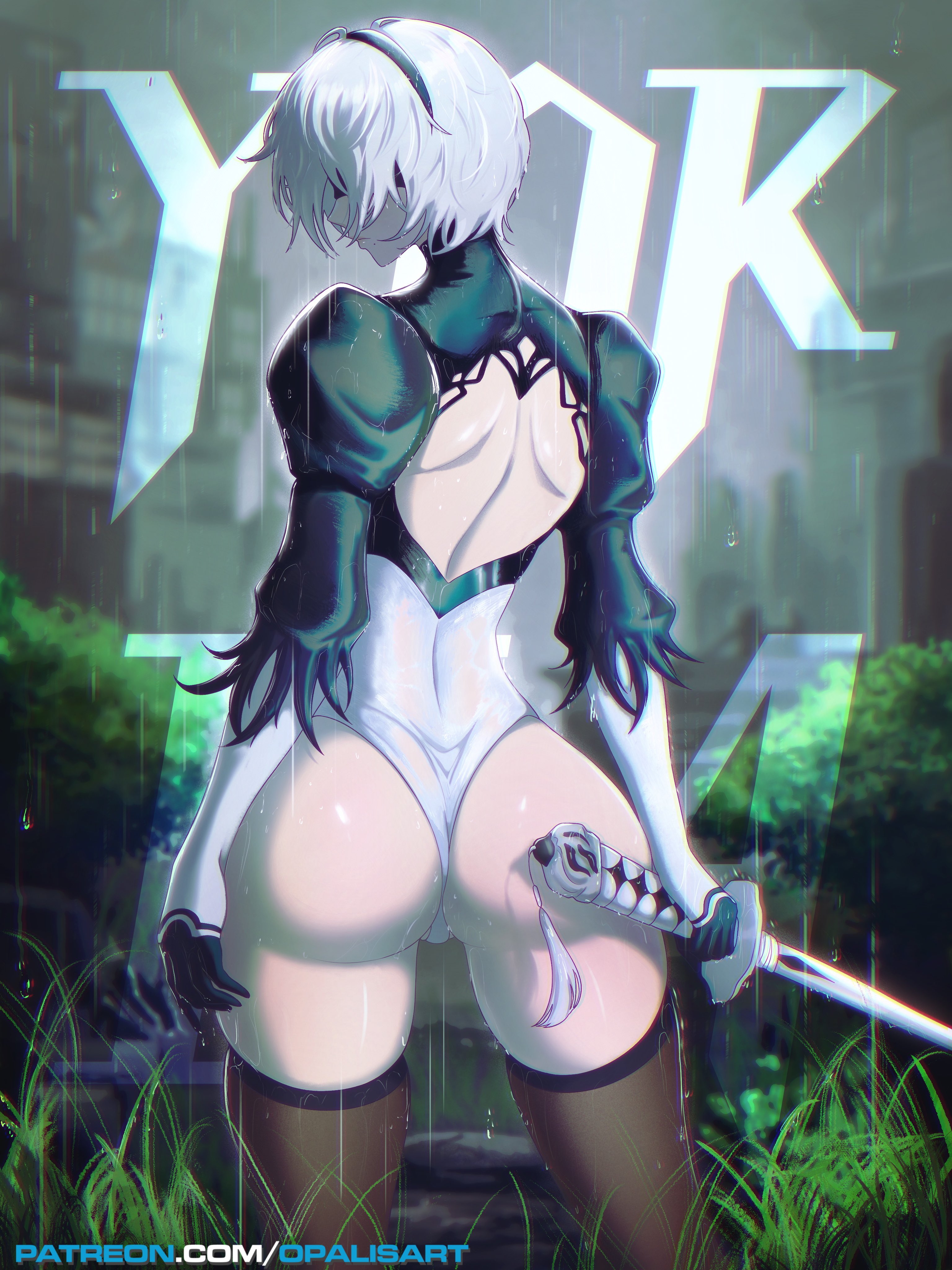 1girls, ass, ass focus, back, back view, bare thighs, big ass, big butt, blindfold, clothed, clothing, color, english text, female, female focus, female only, hi res, leotard, light skin, light-skinned female, nier: automata, opalisart, rain, raining, short hair, solo, solo female, stockings, sword, tagme, text, thick thighs, wedgie, wet, white hair, yorha 2b