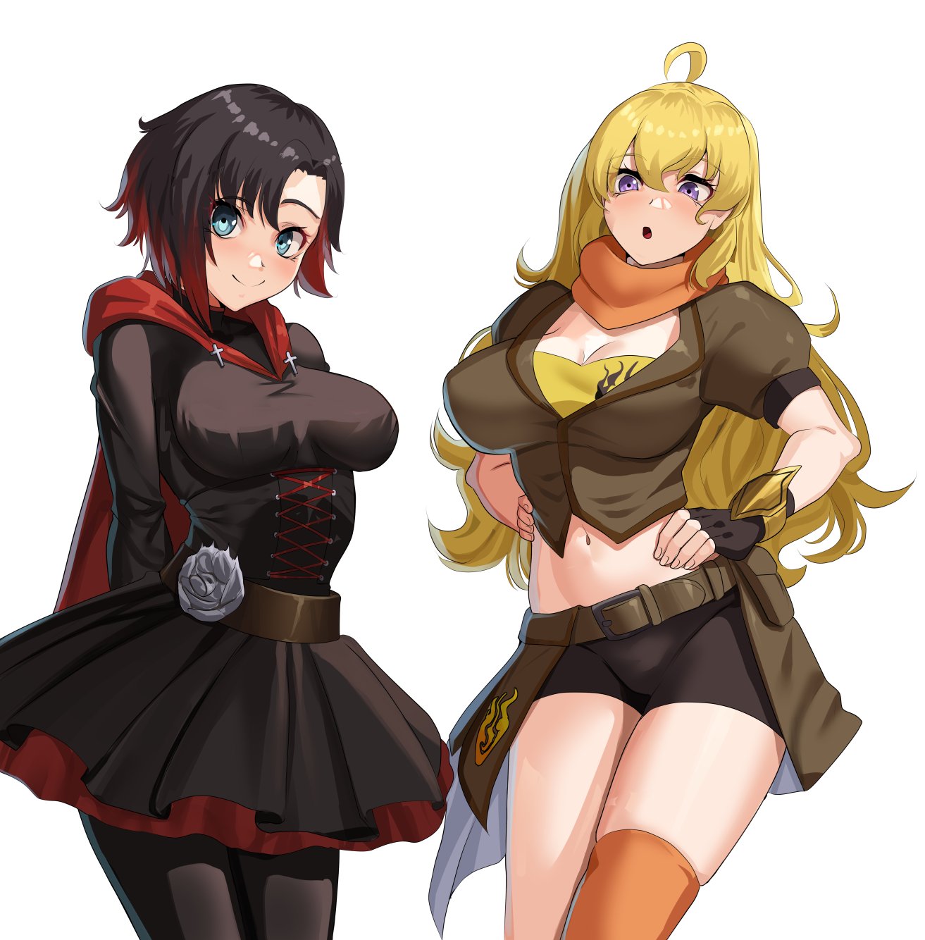 :o, 2girls, black hair, blonde hair, cute, dress, female, female only, front view, looking at viewer, multiple females, multiple girls, navel, nico-mo, purple eyes, red hair, ruby rose, rwby, short hair, shorts, silver eyes, simple background, sisters, standing, tagme, white background, yang xiao long