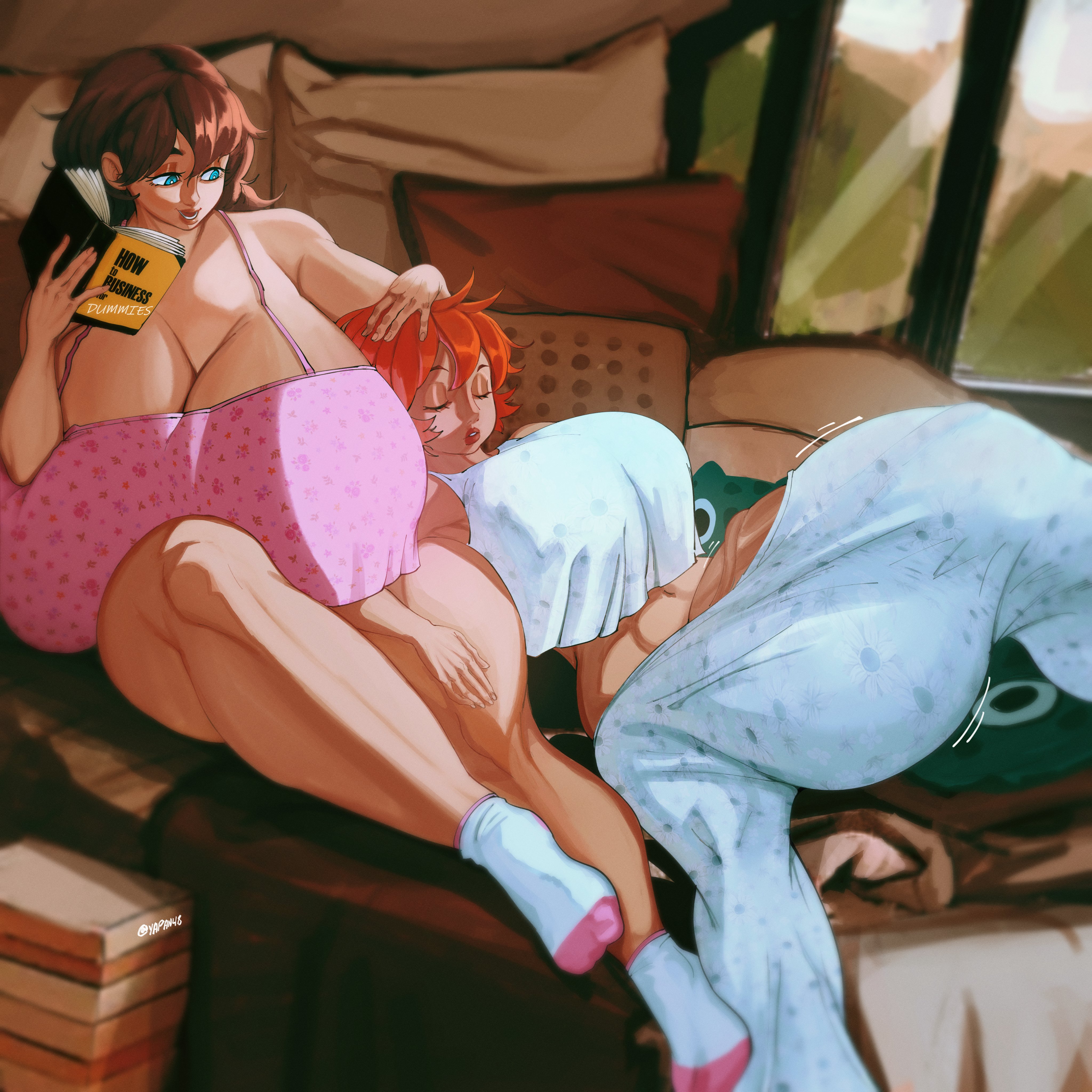 1futa, 1girls, 2024, balls, balls bigger than head, boner, breasts, breasts bigger than head, breasts bigger than torso, bulge through clothing, bursting breasts, clothed, clothing, detailed background, duo, enormous breasts, erection, female, fully clothed, futanari, gigantic breasts, gigantic penis, huge cock, human, hyper, hyper balls, hyper breasts, hyper penis, intersex, light skin, light-skinned female, light-skinned futa, morning wood, mostly clothed, on back, penis, penis longer than knee, petting head, sleeping, thick thighs, top heavy, yapan48