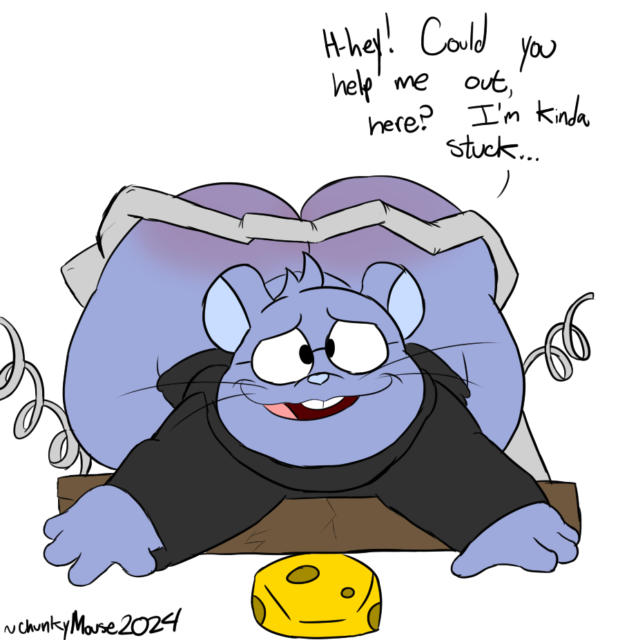 1boy anthro ass blue_body blue_fur bottomless bottomless_male buckteeth cheese chonkymouse english_text furry glasses hips juju_tiddlemouse large_ass male male_focus male_only mouse_boy mouse_humanoid mouse_trap rodent rodent_humanoid shortstack stuck text thick_thighs thighs wide_hips