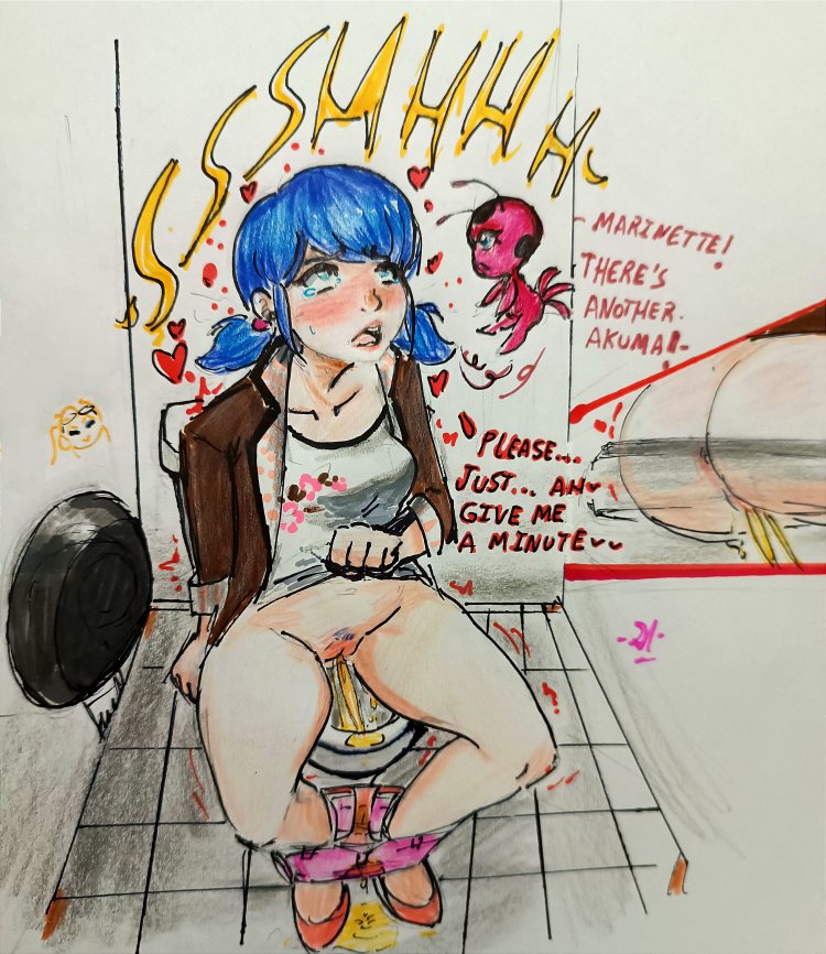 1girls 2d 2d_(artwork) alphahyoudou anus bathroom_use blue_eyes blue_hair blush english_text female female_only kwami marinette_dupain-cheng miraculous:_tales_of_ladybug_and_cat_noir miraculous_ladybug missing_toilet omorashi pants_down pee peeing pigtails solo text tikki_(miraculous_ladybug) toilet urinating urinating_female urination urine urine_stream