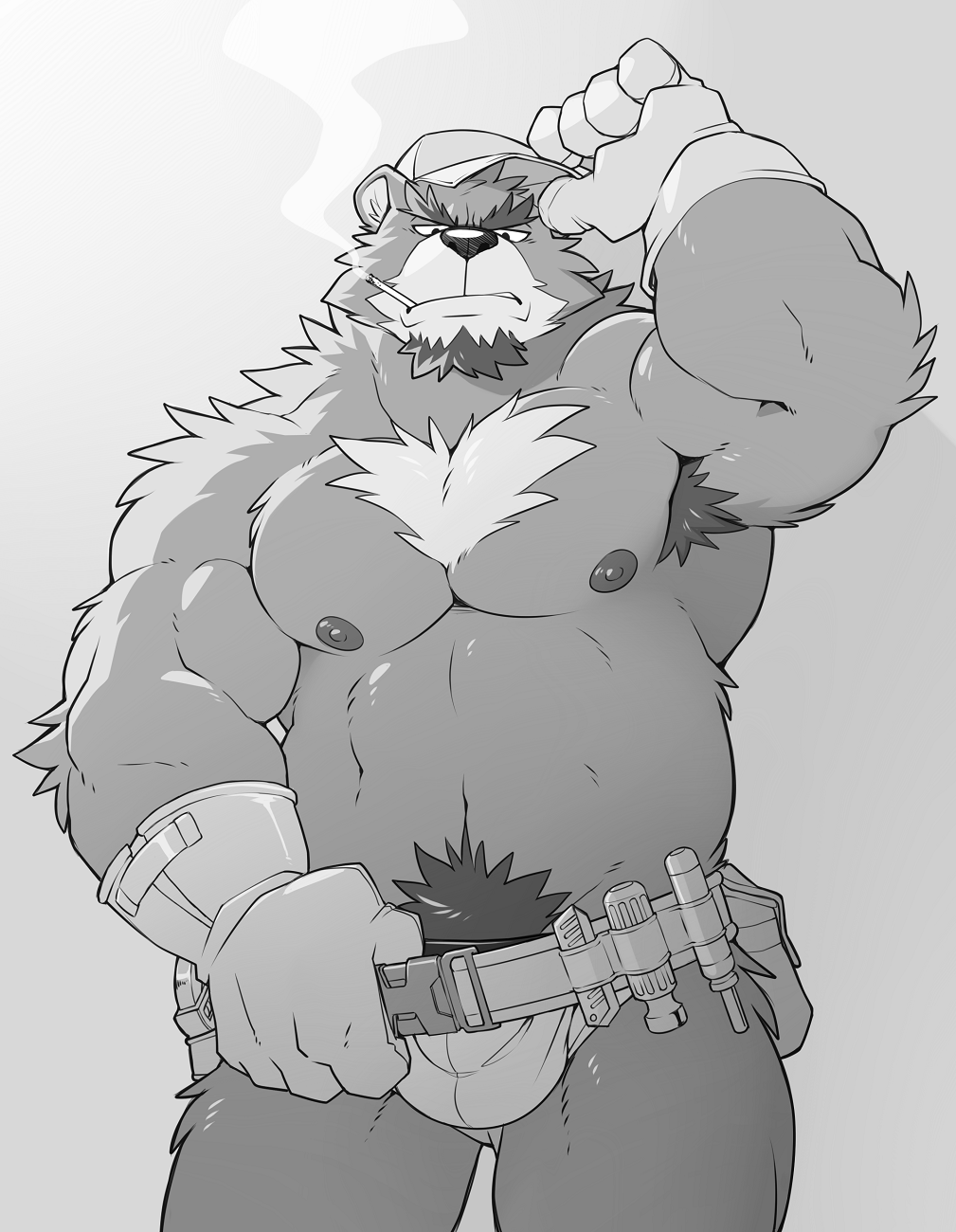 1boy angry_expression bara bear beard big_pecs black_and_white chubby dominate_male fur gay gloves hairy_armpits hairy_chest repairman smoking_cigarette takemoto_arashi tools ursid wearing_hat