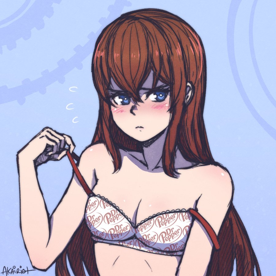 1girls, akairiot, blue eyes, blush, bra, breasts, female, long hair, makise kurisu, navel, product placement, red hair, smile, solo, steins;gate, strap slip, underwear, undressing