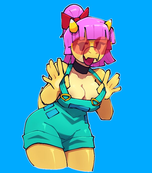 1girls anthro blue_background bow brawl_stars breasts buzz_(brawl_stars) buzzette cleavage female glasses hair_bow horns looking_at_viewer medium_breasts open_mouth overalls pink_hair ponytail short_hair solo thony_690 yellow_body yellow_skin