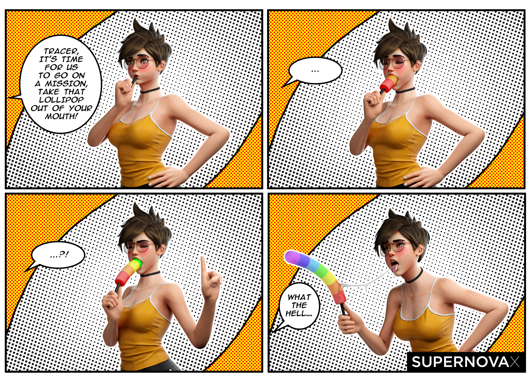 3d, 3d (artwork), big breasts, blush, breasts, brown hair, choker, comic, deepthroat, dialogue, dildo, dildo lollipop, english, english text, eyeglasses, female, humor, lollipop, lollipop dildo, meme, overwatch, overwatch 2, saliva, saliva trail, short, short hair, supernovax, text, tongue, topwear, tracer