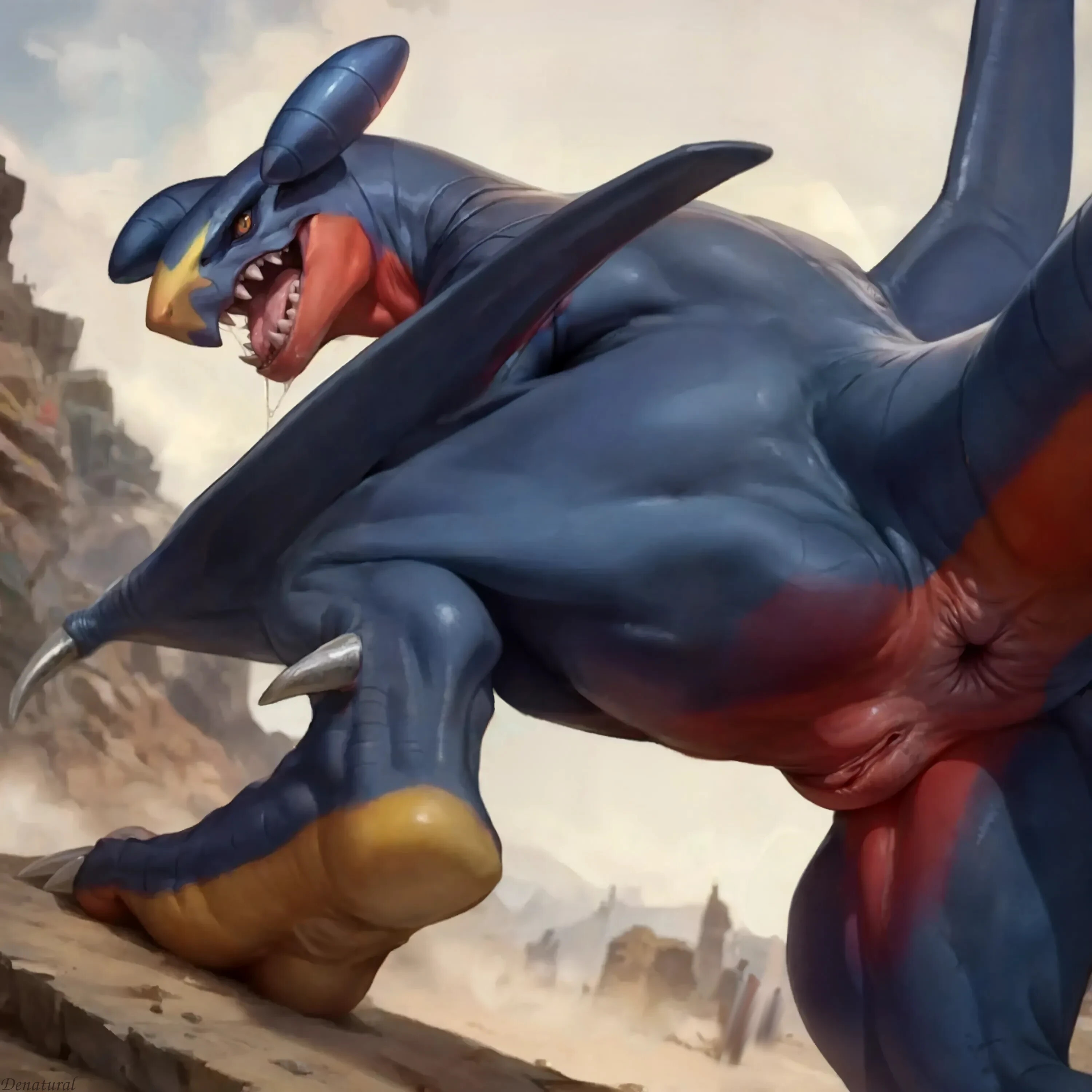 absurd res, ai generated, anus, black sclera, blue body, bodily fluids, denatural, dripping, female, female garchomp, feral, garchomp, generation 4 pokemon, genitals, hi res, pokemon, pokemon (species), pokemon dppt, pussy, saliva, saliva drip, scalie, solo