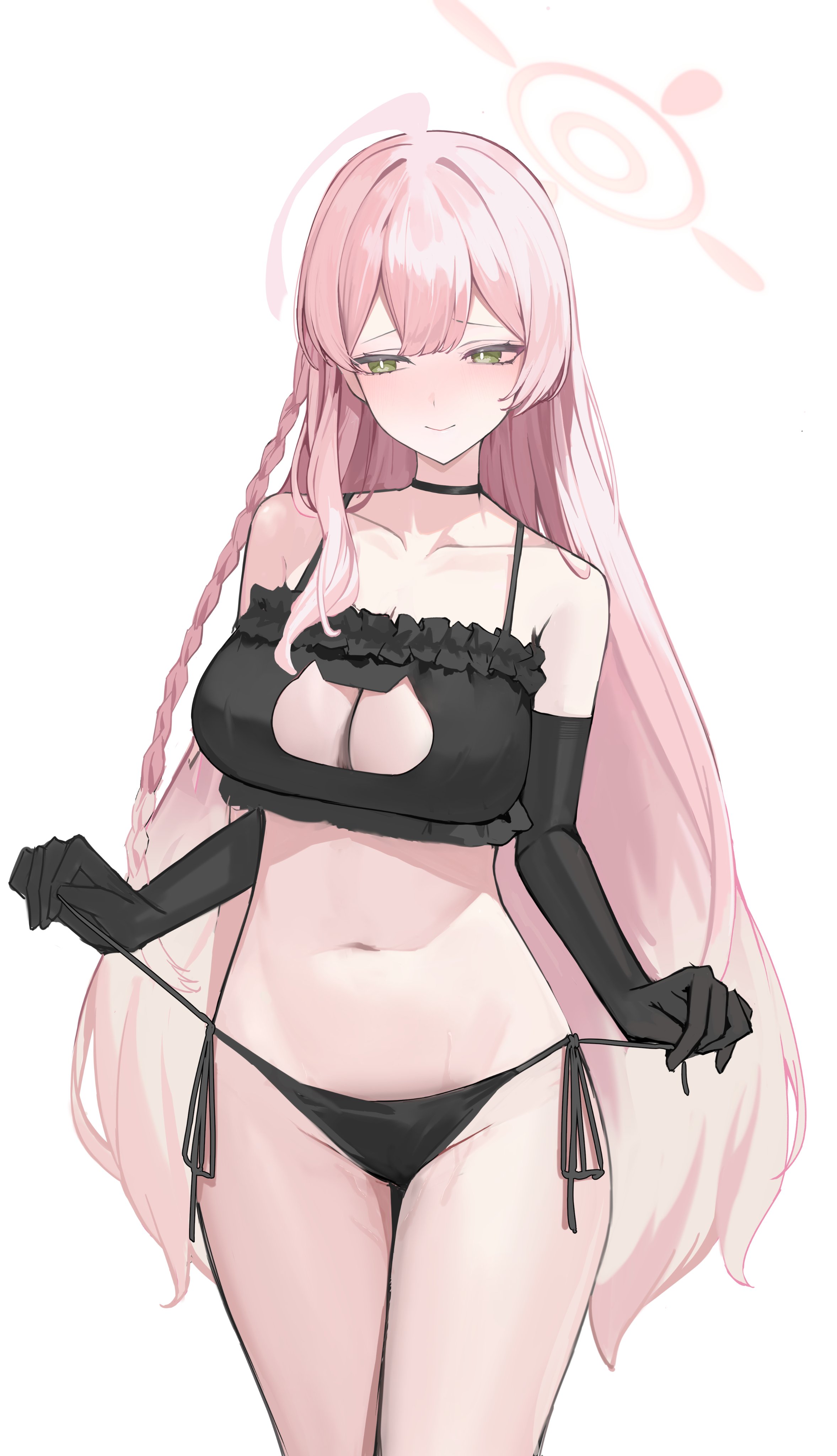bare belly, bare legs, bare midriff, bare shoulders, bare skin, bare thighs, bikini, bikini bottom, bikini only, bikini top, black choker, blue archive, breasts, cat cutout, cat lingerie, choker, cleavage cutout, female, green eyes, green-eyed female, hanako (blue archive), large breasts, long gloves, long hair, looking away, make-up work club (blue archive), nephthys2356, pink hair, pink-haired female, side-tie bikini, string bikini, swimsuit, swimwear, trinity general school student