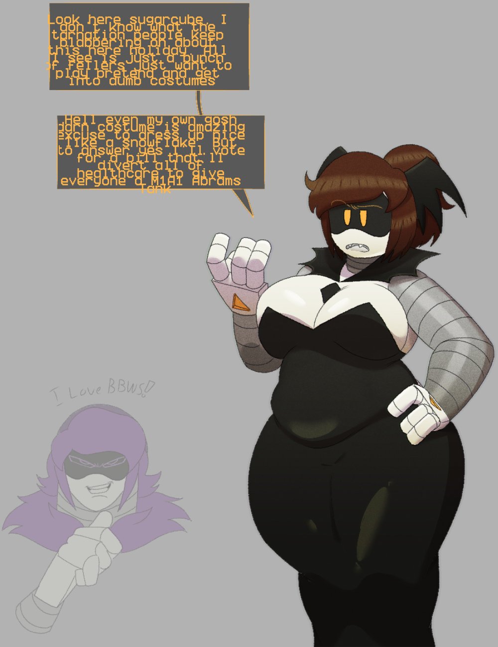 2girls, abrahamslapper, alice (murder drones), bbw, chubby, chubby female, dialogue, english dialogue, english text, female, female only, glitch productions, murder drones, tagme, thumb pose, uzi (murder drones)