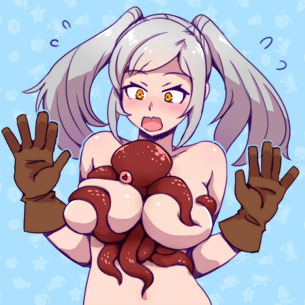1boy, 1girls, 2017, akairiot, blush, breast grab, breast squeeze, breasts, embarrassed, eyelashes, female, fire emblem, fire emblem awakening, fire emblem heroes, gloves, groping, groping breasts, heart-shaped pupils, intelligent systems, male, navel, nintendo, octopus, robin (fire emblem), robin (fire emblem) (female), shiny skin, shocked, sweatdrop, tentacles, tied hair, twintails, white hair, yellow eyes, zoophilia