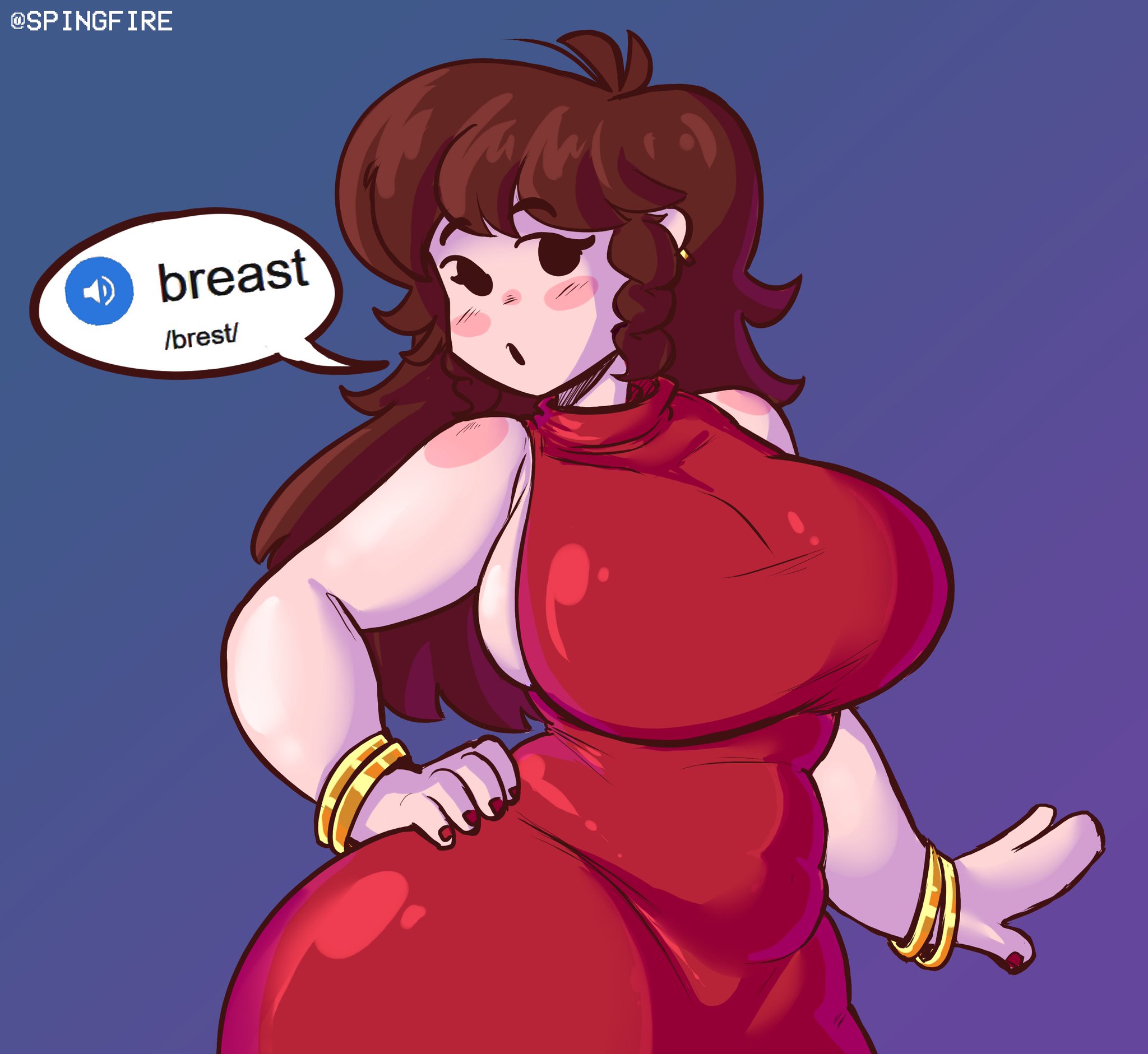 big breasts, breasts, breasts bigger than head, brown hair, chubby, clothed, dress, female, friday night funkin, girlfriend (friday night funkin), jewelry, long hair, looking at viewer, painted nails, red dress, skin tight, solo female, speech bubble, spingfire
