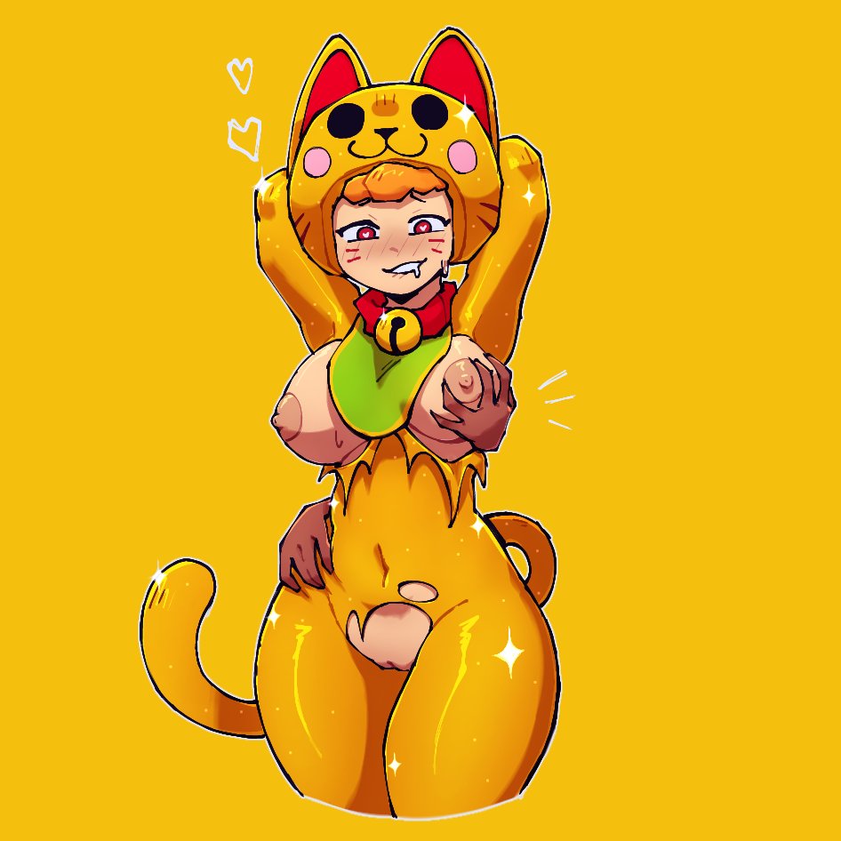 1girls animal_ears areolae arms_behind_head bea_(brawl_stars) bell bell_collar blush bodysuit brawl_stars breast_grab breast_squeeze breasts cat_costume cat_ears cat_tail collar disembodied_hand drooling exposed_breasts exposed_pussy female gold_clothing groping groping_from_behind heart-shaped_pupils heart_eyes medium_breasts neko_bea_(brawl_stars) nipples orange_hair pussy red_eyes ripped_bodysuit ripped_clothing smile standing tail thony_690 torn_clothes yellow_clothing