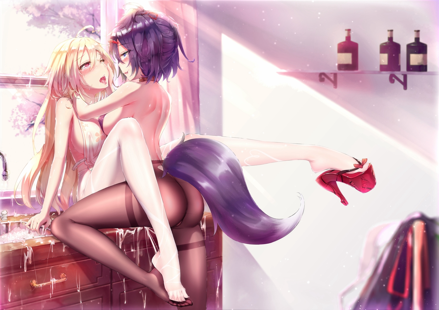 2girls, animal tail, ass, back, blonde hair, bottle, breasts, character request, collar, cum, dk senie, female, from behind, futanari, intersex, kitchen, long hair, multiple females, multiple girls, naked apron, naughty face, open mouth, orgasm, pantyhose, purple hair, pussy, pussy juice, short hair, slave, tagme, tongue