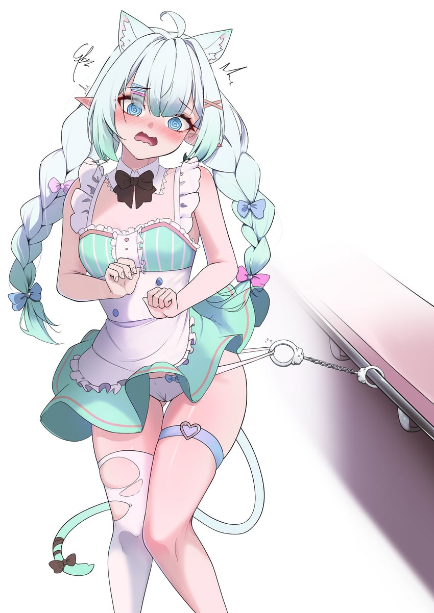 1girls, animal ears, animal tail, blush, densetsu.exe, embarrassed, female, handcuffs, indie virtual youtuber, knees together feet apart, maid mint, maid outfit, mint fantome, panties, petite female, pointy ears, pulling panties, skirt up, small breasts, swirly eyes, syxh, thigh strap, torn thighhighs, virtual youtuber, vtuber