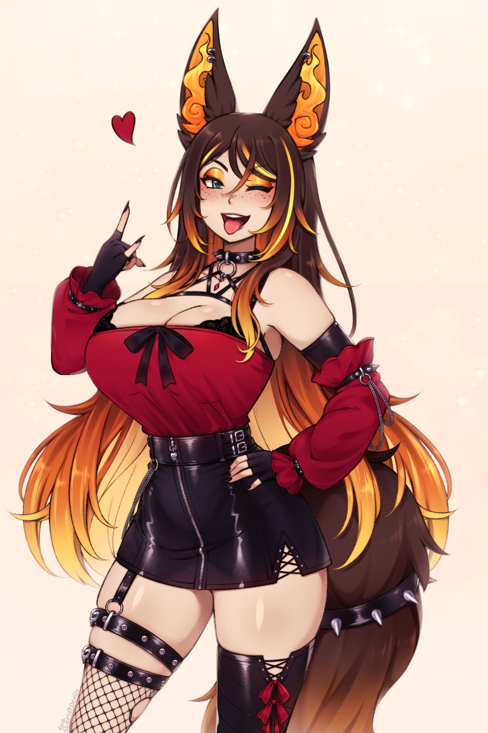 big_breasts black_lipstick black_nails bra cleavage clothed clothing cosplay fishnets goth goth_girl hellhound leather leather_clothing leather_skirt lilly_(gmareh32) looking_at_viewer sinder_(vtuber) thick_thighs thighhighs thighs wink winking_at_viewer wolf_ears wolf_girl wolf_tail